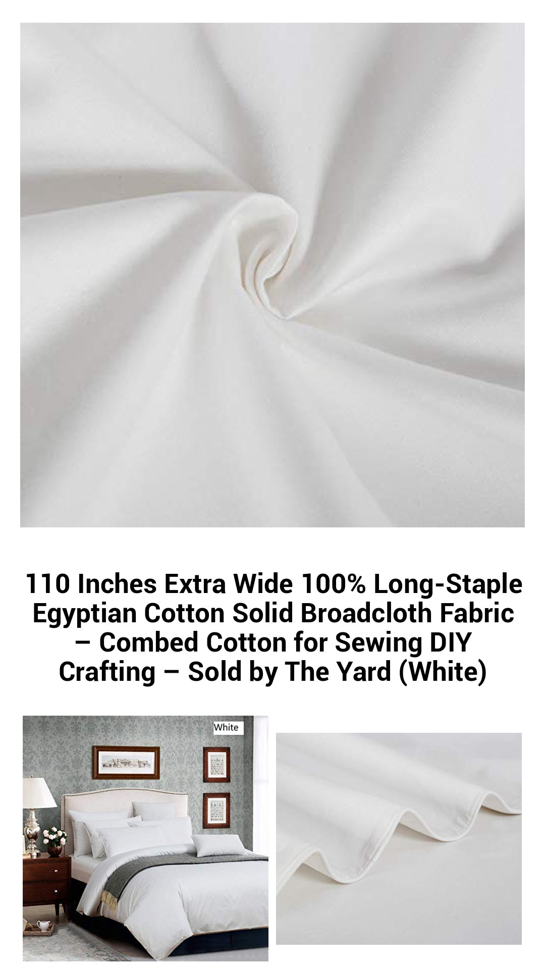 Premium 110-Inch Extra Wide 100% Long-Staple Egyptian Cotton Broadcloth Fabric for Versatile Sewing and DIY Projects – Sold by the Yard in Classic White