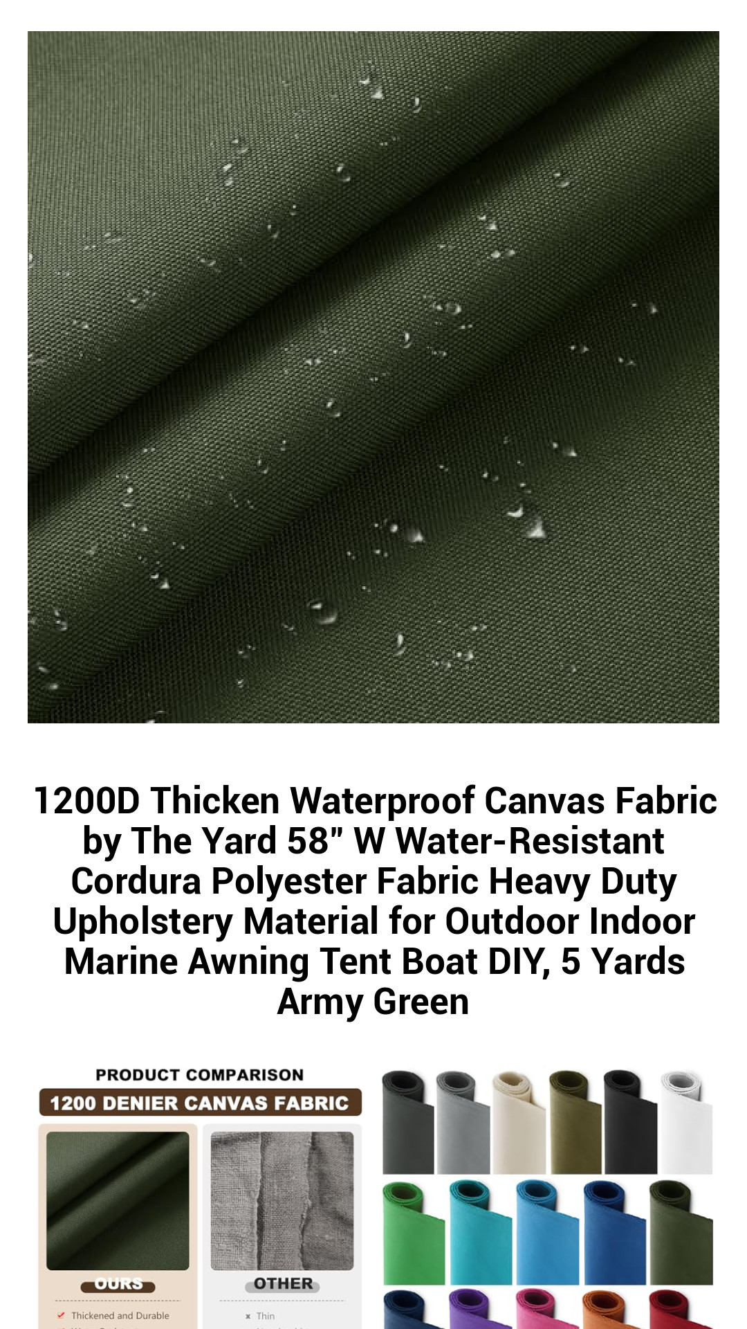 1200D Thicken Waterproof Canvas Fabric by The Yard 58" W Water-Resistant Cordura Polyester Fabric Heavy Duty Upholstery Material for Outdoor Indoor Marine Awning Tent Boat DIY, 5 Yards Army Green 1200D Thicken Waterproof Canvas Fabric by The Yard 58" W Water-Resistant Cordura Polyester Fabric Heavy Duty Upholstery Material for Outdoor Indoor Marine Awning Tent Boat DIY, 5 Yards Army Green