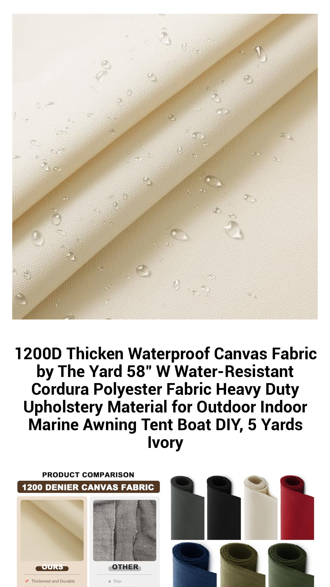 1200D Thicken Waterproof Canvas Fabric by The Yard 58" W Water-Resistant Cordura Polyester Fabric Heavy Duty Upholstery Material for Outdoor Indoor Marine Awning Tent Boat DIY, 5 Yards Ivory 1200D Thicken Waterproof Canvas Fabric by The Yard 58" W Water-Resistant Cordura Polyester Fabric Heavy Duty Upholstery Material for Outdoor Indoor Marine Awning Tent Boat DIY, 5 Yards Ivory