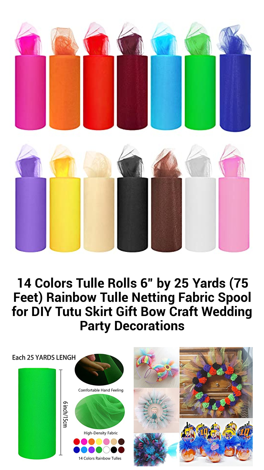 Vibrant 14-Color Tulle Rolls - 6” x 25 Yards of Rainbow Tulle Fabric for DIY Crafts, Tutus, and Party Decor