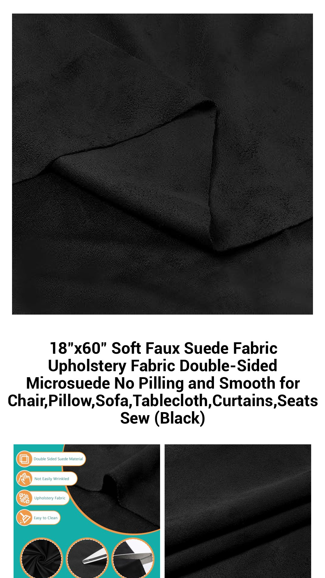 Premium Double-Sided Microsuede Upholstery Fabric - 18"x60" Soft Faux Suede for Chairs, Pillows, Sofas, and More - Non-Pilling, Smooth, and Luxurious (Black)