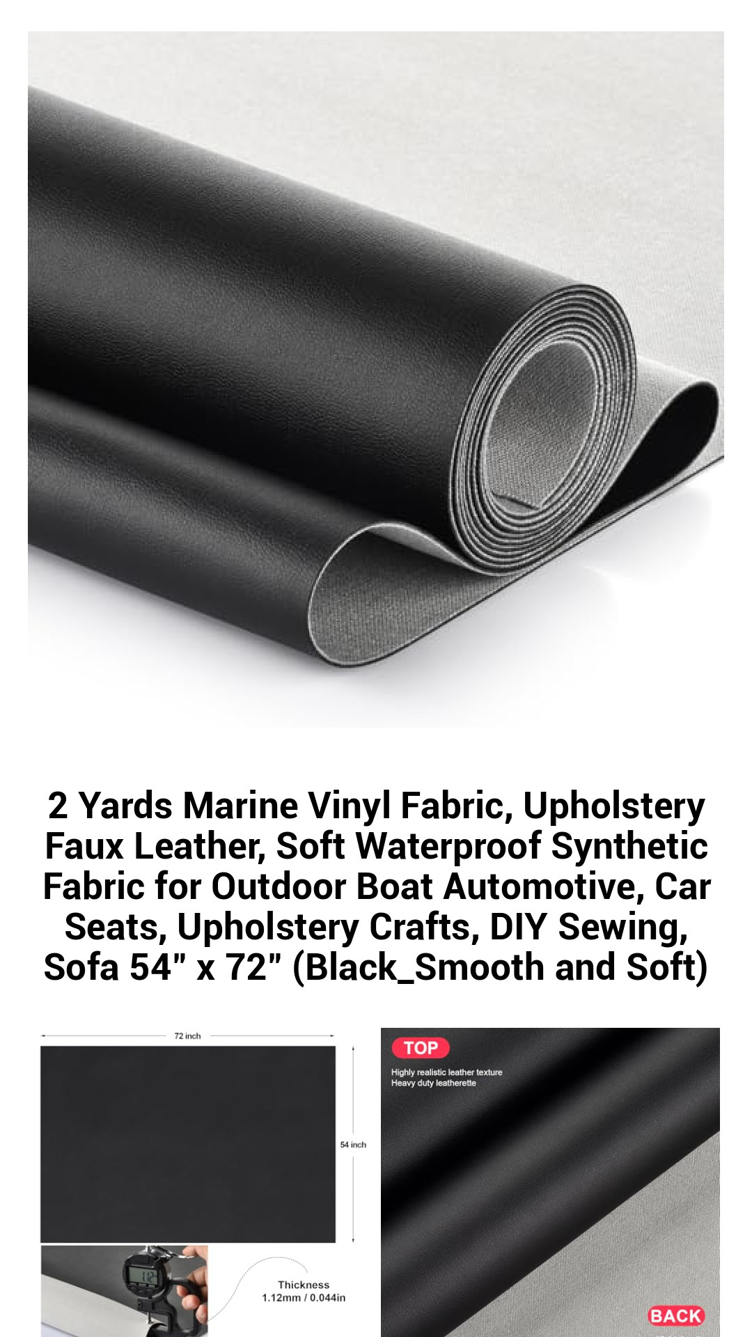 Premium 2 Yards Marine Vinyl Fabric - Soft Waterproof Upholstery Faux Leather for Boats, Cars, and DIY Projects (54" x 72", Classic Black)