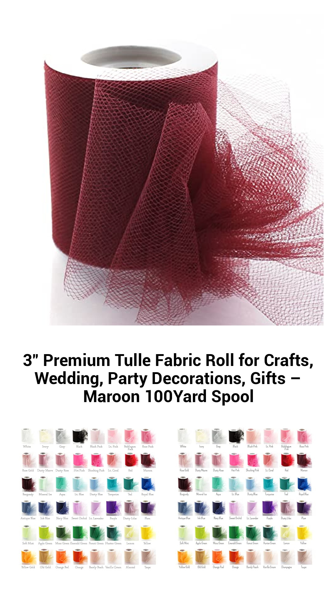 3" Premium Tulle Fabric Roll for Crafts, Wedding, Party Decorations, Gifts – Maroon 100Yard Spool 3" Premium Tulle Fabric Roll for Crafts, Wedding, Party Decorations, Gifts – Maroon 100Yard Spool