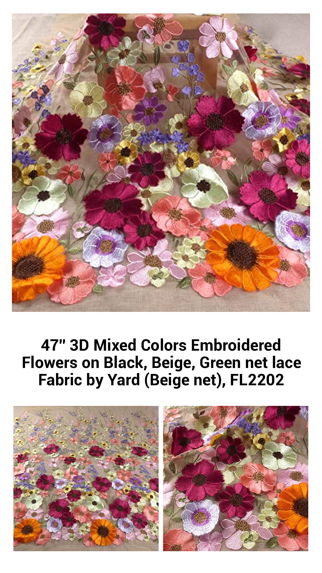 Exquisite 47-Inch 3D Floral Embroidered Lace Fabric in Mixed Colors – Perfect for Elegant Dressmaking and Crafting Projects