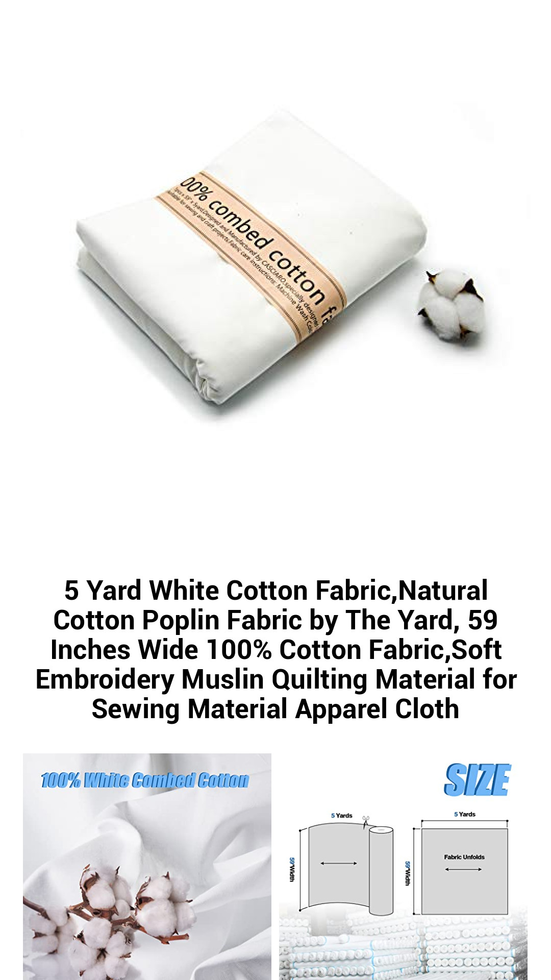 5 Yard White Cotton Fabric,Natural Cotton Poplin Fabric by The Yard, 59 Inches Wide 100% Cotton Fabric,Soft Embroidery Muslin Quilting Material for Sewing Material Apparel Cloth 5 Yard White Cotton Fabric,Natural Cotton Poplin Fabric by The Yard, 59 Inches Wide 100% Cotton Fabric,Soft Embroidery Muslin Quilting Material for Sewing Material Apparel Cloth