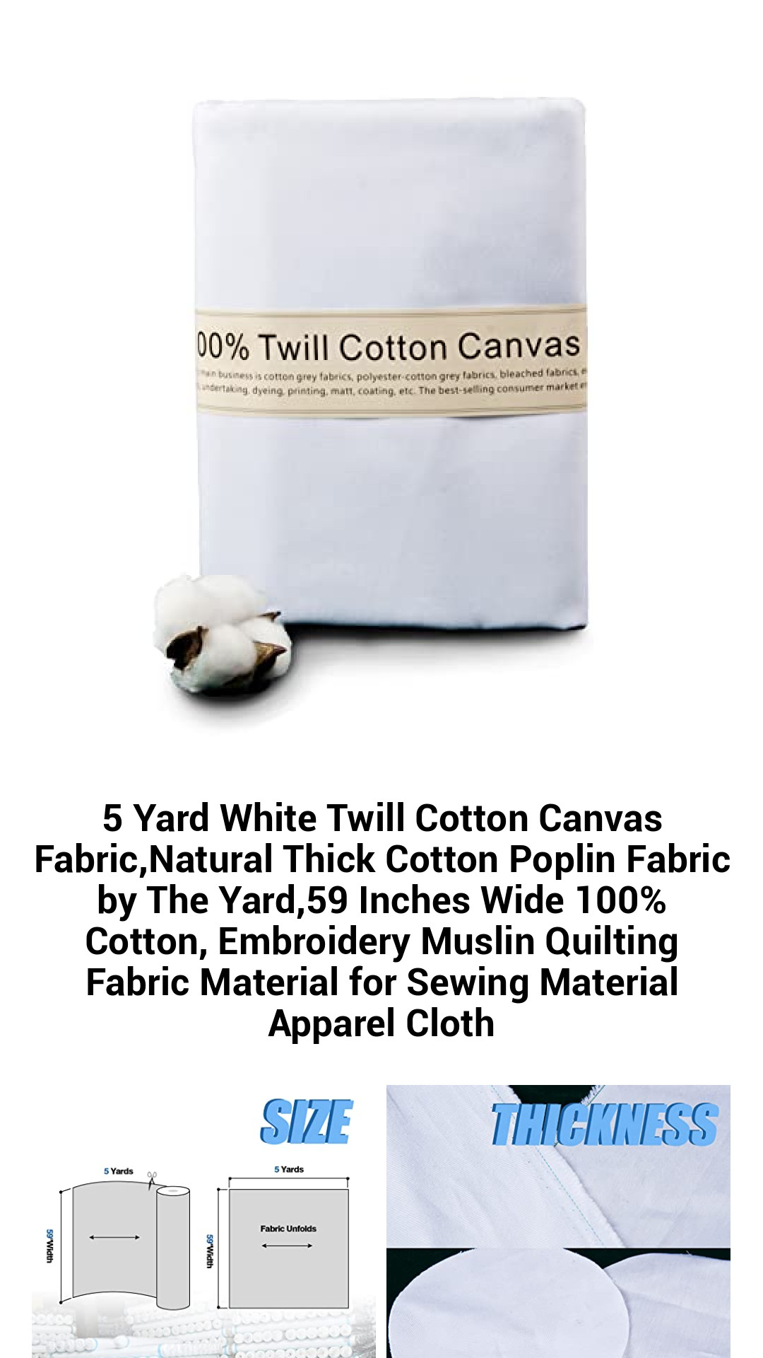 5 Yard White Twill Cotton Canvas Fabric,Natural Thick Cotton Poplin Fabric by The Yard,59 Inches Wide 100% Cotton, Embroidery Muslin Quilting Fabric Material for Sewing Material Apparel Cloth 5 Yard White Twill Cotton Canvas Fabric,Natural Thick Cotton Poplin Fabric by The Yard,59 Inches Wide 100% Cotton, Embroidery Muslin Quilting Fabric Material for Sewing Material Apparel Cloth