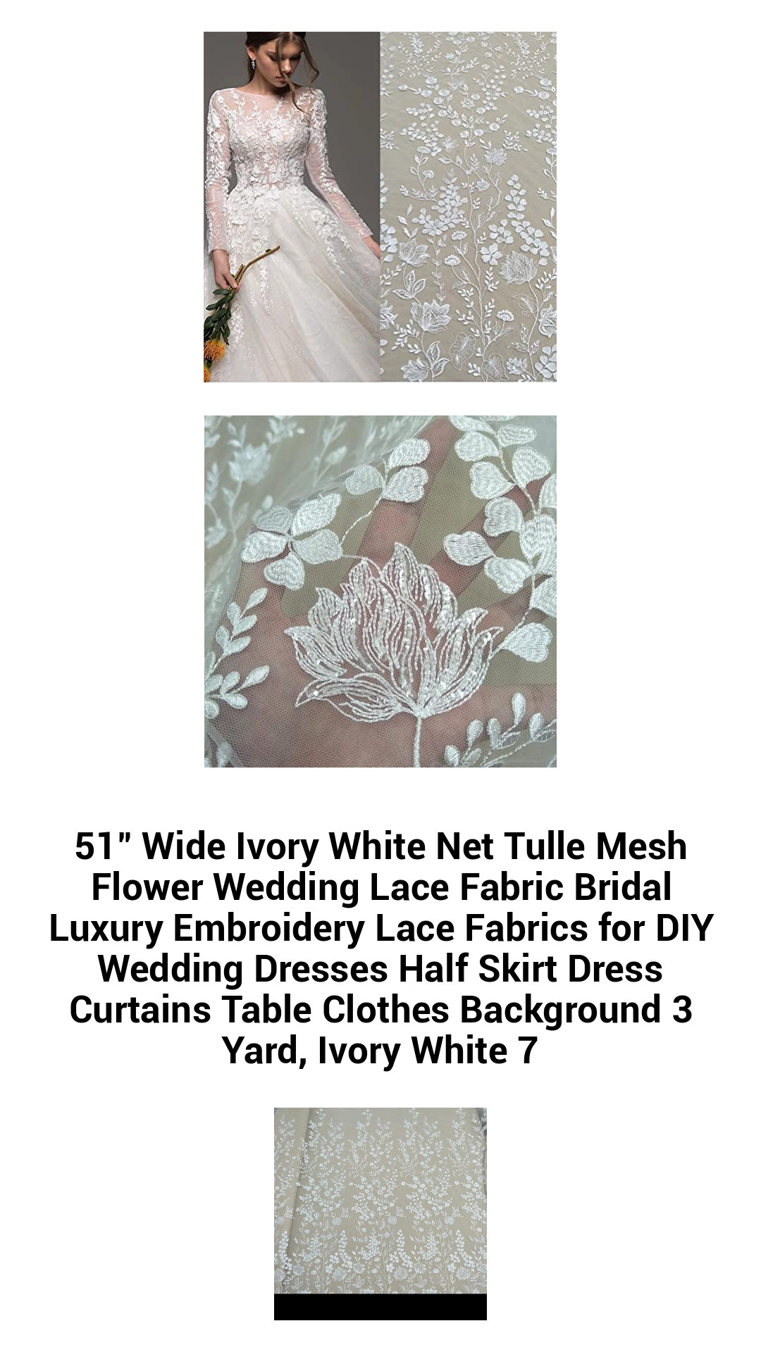 Luxurious Ivory White Tulle Lace Fabric - 51" Wide Embroidered Floral Mesh for Elegant Wedding Dresses, Table Decor, and DIY Creations (3 Yard)