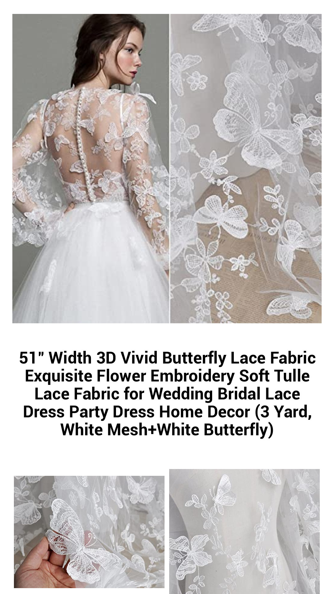 Elegant 51-Inch 3D Butterfly Lace Fabric - Soft Tulle with Exquisite Flower Embroidery for Weddings, Parties, and Home Decor (3 Yards, White Mesh & White Butterfly)