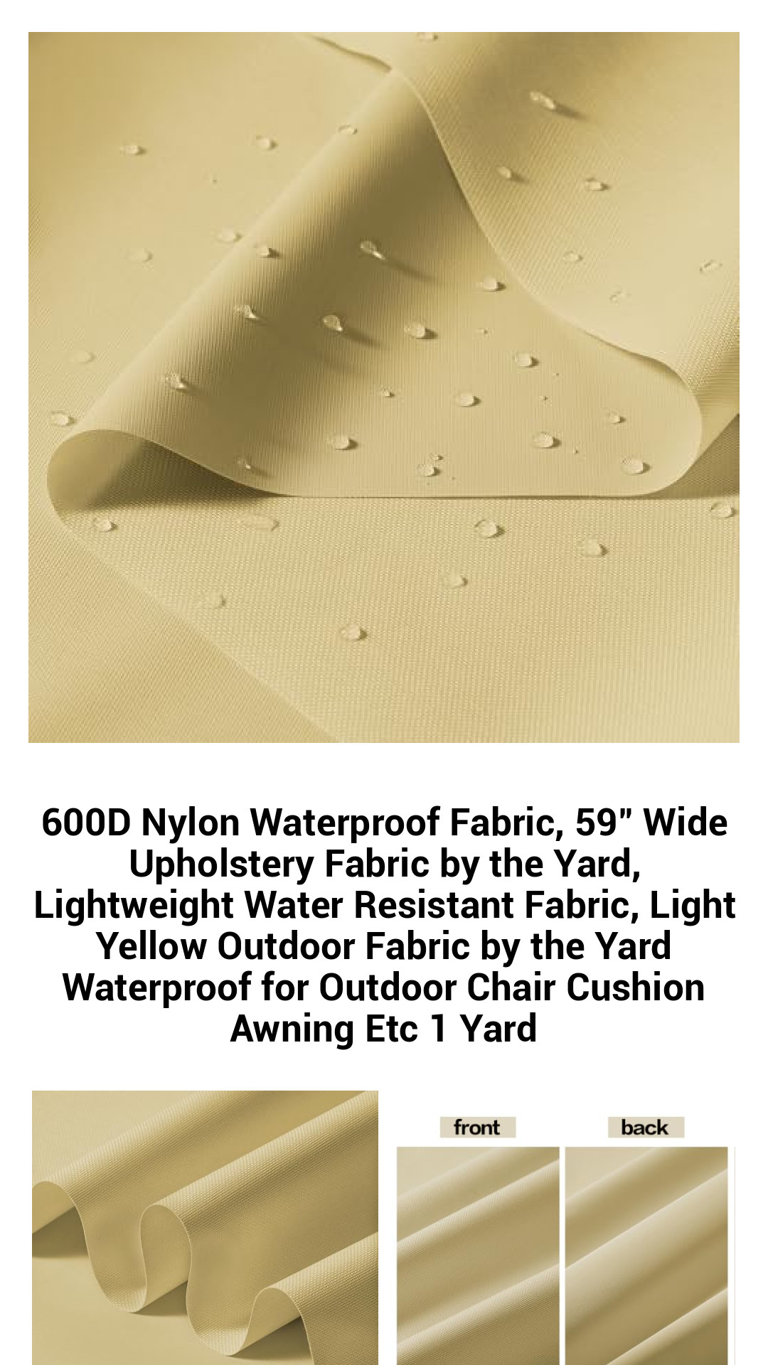 Premium 600D Waterproof Nylon Fabric - Versatile 59" Wide Upholstery Material for Outdoor and Indoor Use - Durable Light Yellow Water Resistant Fabric by the Yard