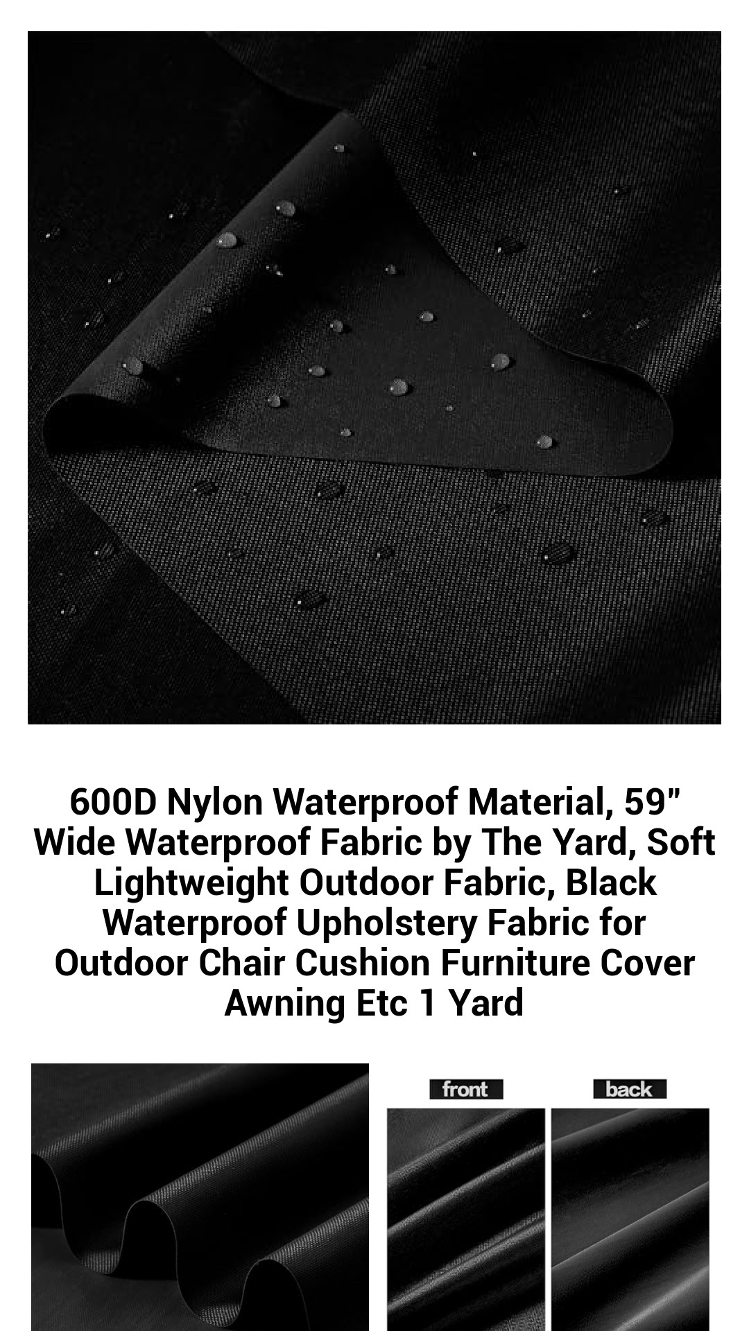 600D Nylon Waterproof Material, 59" Wide Waterproof Fabric by The Yard, Soft Lightweight Outdoor Fabric, Black Waterproof Upholstery Fabric for Outdoor Chair Cushion Furniture Cover Awning Etc 1 Yard 600D Nylon Waterproof Material, 59" Wide Waterproof Fabric by The Yard, Soft Lightweight Outdoor Fabric, Black Waterproof Upholstery Fabric for Outdoor Chair Cushion Furniture Cover Awning Etc 1 Yard