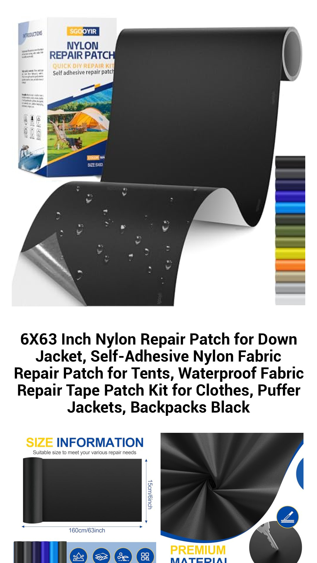 6X63 Inch Nylon Repair Patch for Down Jacket, Self-Adhesive Nylon Fabric Repair Patch for Tents, Waterproof Fabric Repair Tape Patch Kit for Clothes, Puffer Jackets, Backpacks Black 6X63 Inch Nylon Repair Patch for Down Jacket, Self-Adhesive Nylon Fabric Repair Patch for Tents, Waterproof Fabric Repair Tape Patch Kit for Clothes, Puffer Jackets, Backpacks Black