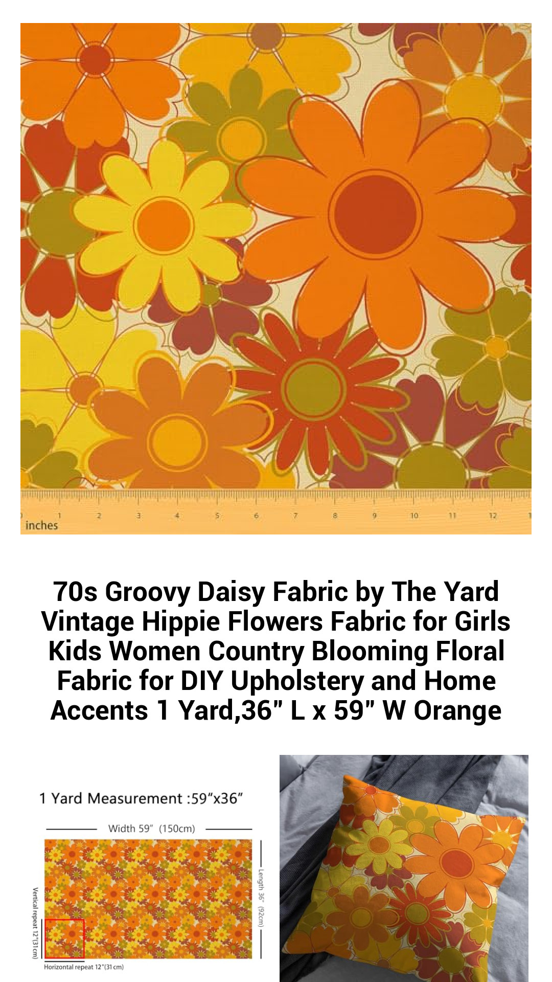 Vibrant 70s Daisy Floral Fabric for Crafting and Upholstery – Retro Hippie Style in Orange, 1 Yard (36" L x 59" W)