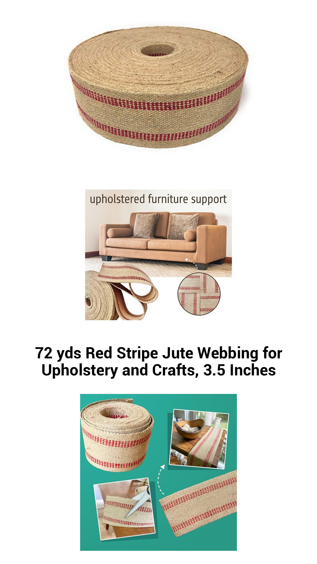 72 yds Red Stripe Jute Webbing for Upholstery and Crafts, 3.5 Inches 72 yds Red Stripe Jute Webbing for Upholstery and Crafts, 3.5 Inches