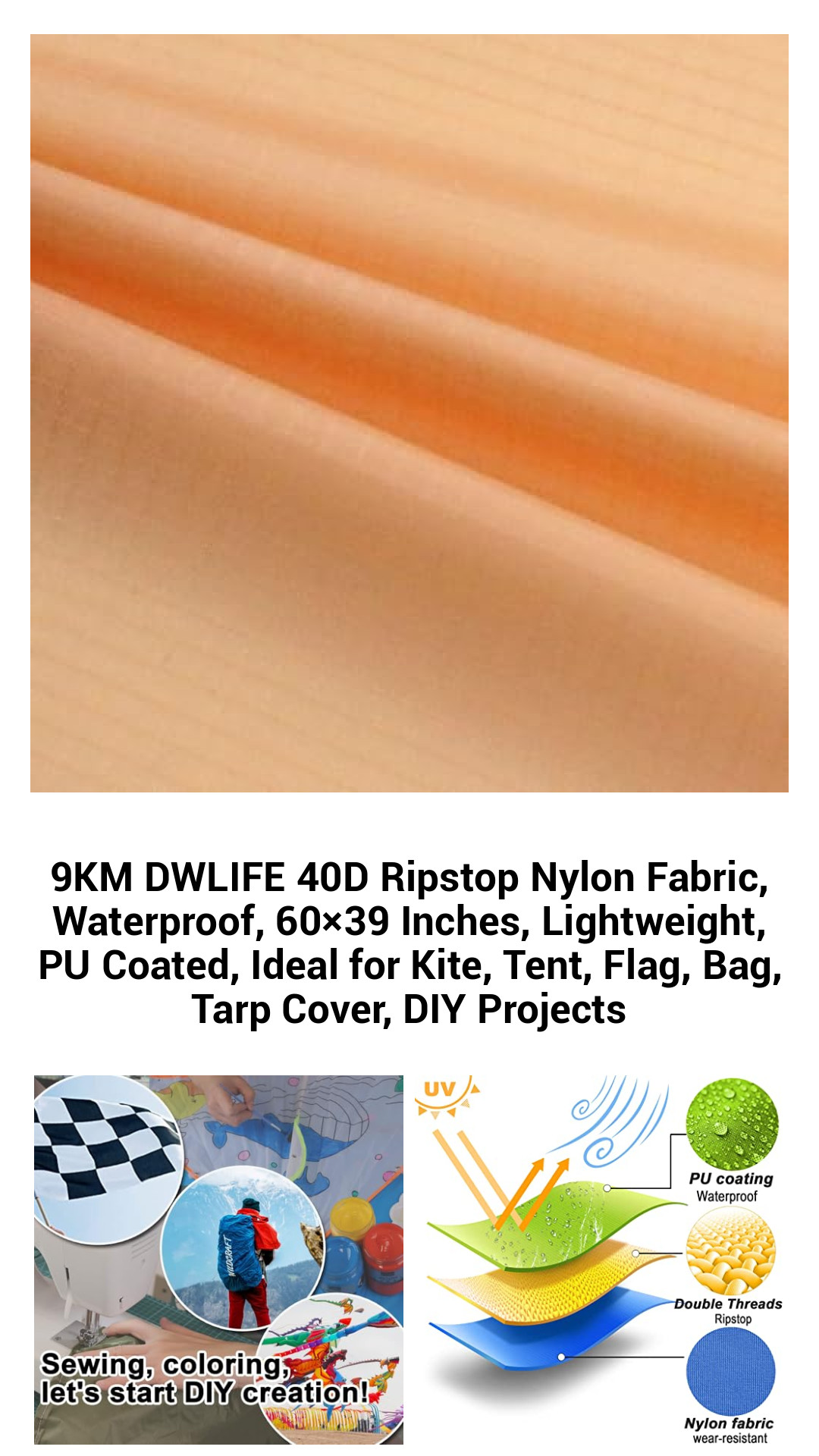 9KM DWLIFE 40D Ripstop Nylon Fabric, Waterproof, 60×39 Inches, Lightweight, PU Coated, Ideal for Kite, Tent, Flag, Bag, Tarp Cover, DIY Projects 9KM DWLIFE 40D Ripstop Nylon Fabric, Waterproof, 60×39 Inches, Lightweight, PU Coated, Ideal for Kite, Tent, Flag, Bag, Tarp Cover, DIY Projects