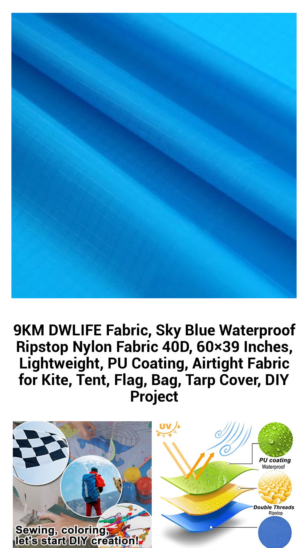 Versatile Sky Blue 40D Waterproof Ripstop Nylon Fabric - Lightweight, Durable, and Perfect for DIY Projects, Tents, Kites, and More
