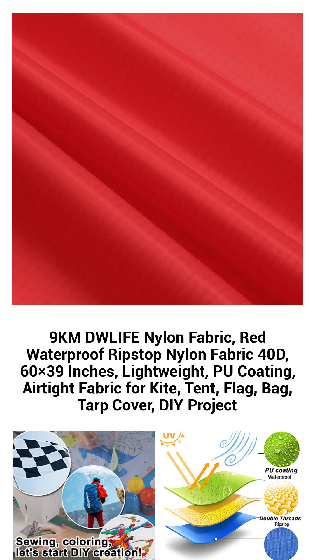 9KM DWLIFE Nylon Fabric, Red Waterproof Ripstop Nylon Fabric 40D, 60×39 Inches, Lightweight, PU Coating, Airtight Fabric for Kite, Tent, Flag, Bag, Tarp Cover, DIY Project 9KM DWLIFE Nylon Fabric, Red Waterproof Ripstop Nylon Fabric 40D, 60×39 Inches, Lightweight, PU Coating, Airtight Fabric for Kite, Tent, Flag, Bag, Tarp Cover, DIY Project