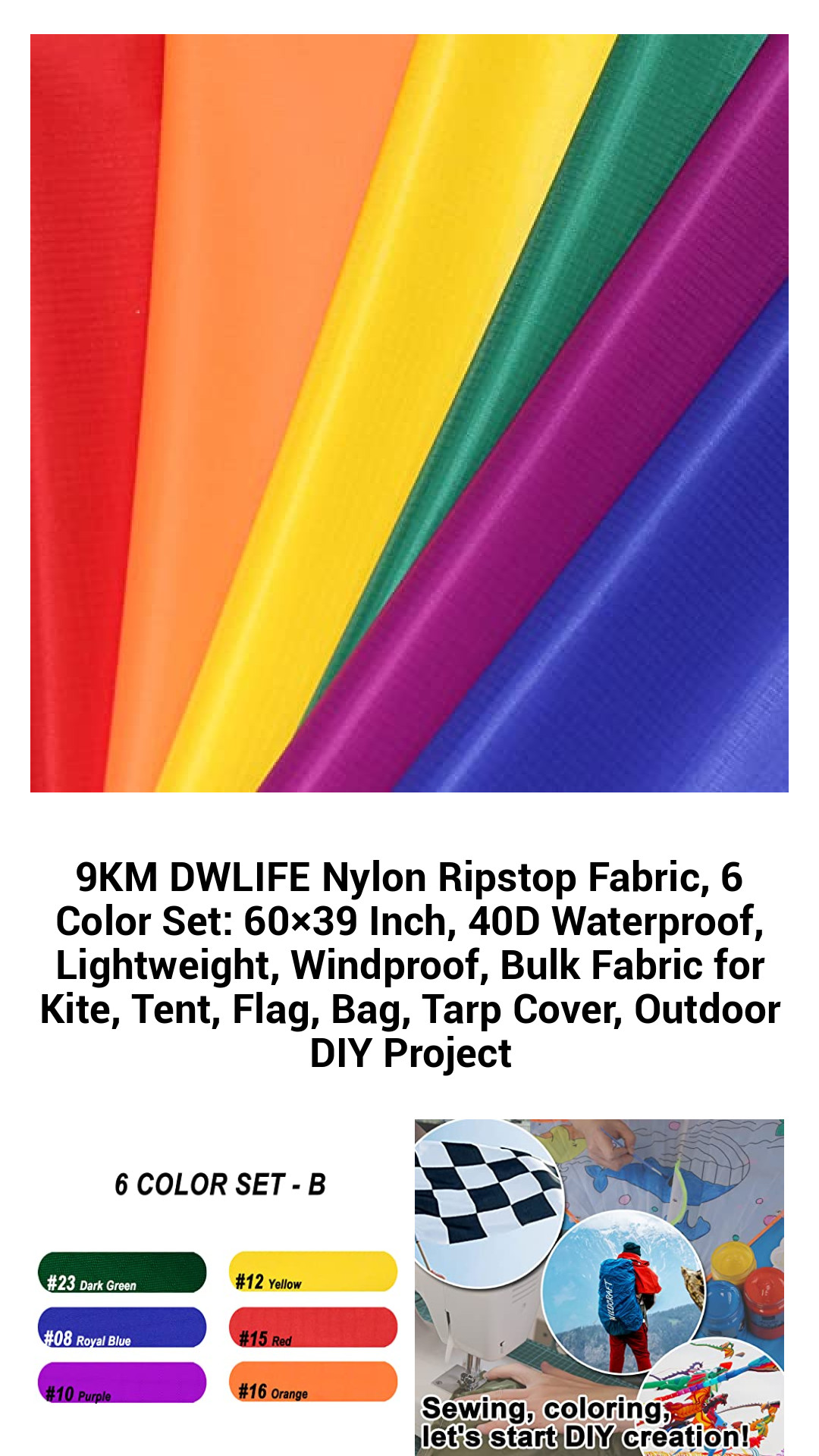 9KM DWLIFE Nylon Ripstop Fabric, 6 Color Set: 60×39 Inch, 40D Waterproof, Lightweight, Windproof, Bulk Fabric for Kite, Tent, Flag, Bag, Tarp Cover, Outdoor DIY Project 9KM DWLIFE Nylon Ripstop Fabric, 6 Color Set: 60×39 Inch, 40D Waterproof, Lightweight, Windproof, Bulk Fabric for Kite, Tent, Flag, Bag, Tarp Cover, Outdoor DIY Project