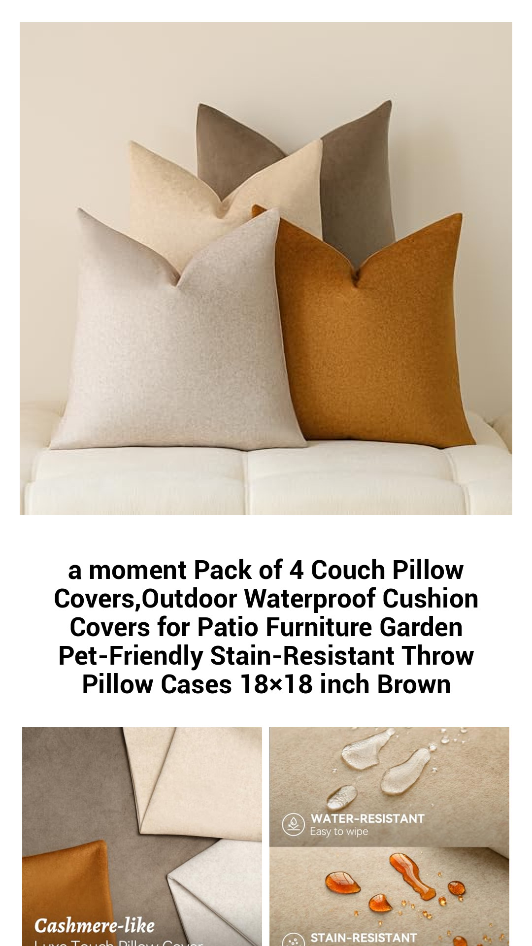 a moment Pack of 4 Couch Pillow Covers,Outdoor Waterproof Cushion Covers for Patio Furniture Garden Pet-Friendly Stain-Resistant Throw Pillow Cases 18×18 inch Brown a moment Pack of 4 Couch Pillow Covers,Outdoor Waterproof Cushion Covers for Patio Furniture Garden Pet-Friendly Stain-Resistant Throw Pillow Cases 18×18 inch Brown