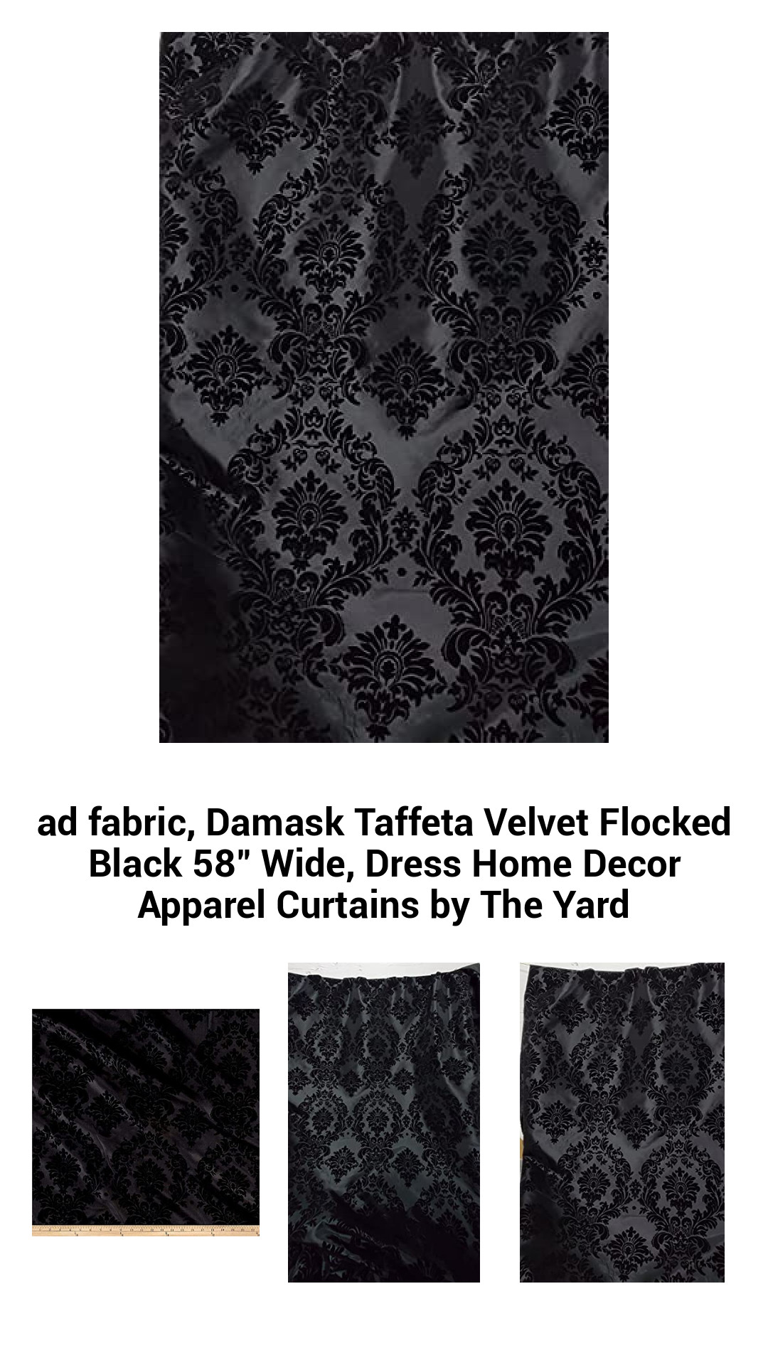 Luxurious Black Damask Taffeta Velvet Flocked Fabric - 58" Wide for Elegant Dresses, Home Decor, and Curtains by the Yard