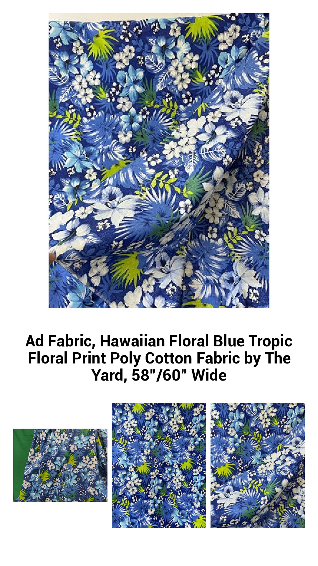 Vibrant Hawaiian Floral Blue Tropic Print Poly Cotton Fabric - Perfect for Quilting, Apparel, and Home Décor - 60” Wide, Sold by the Yard