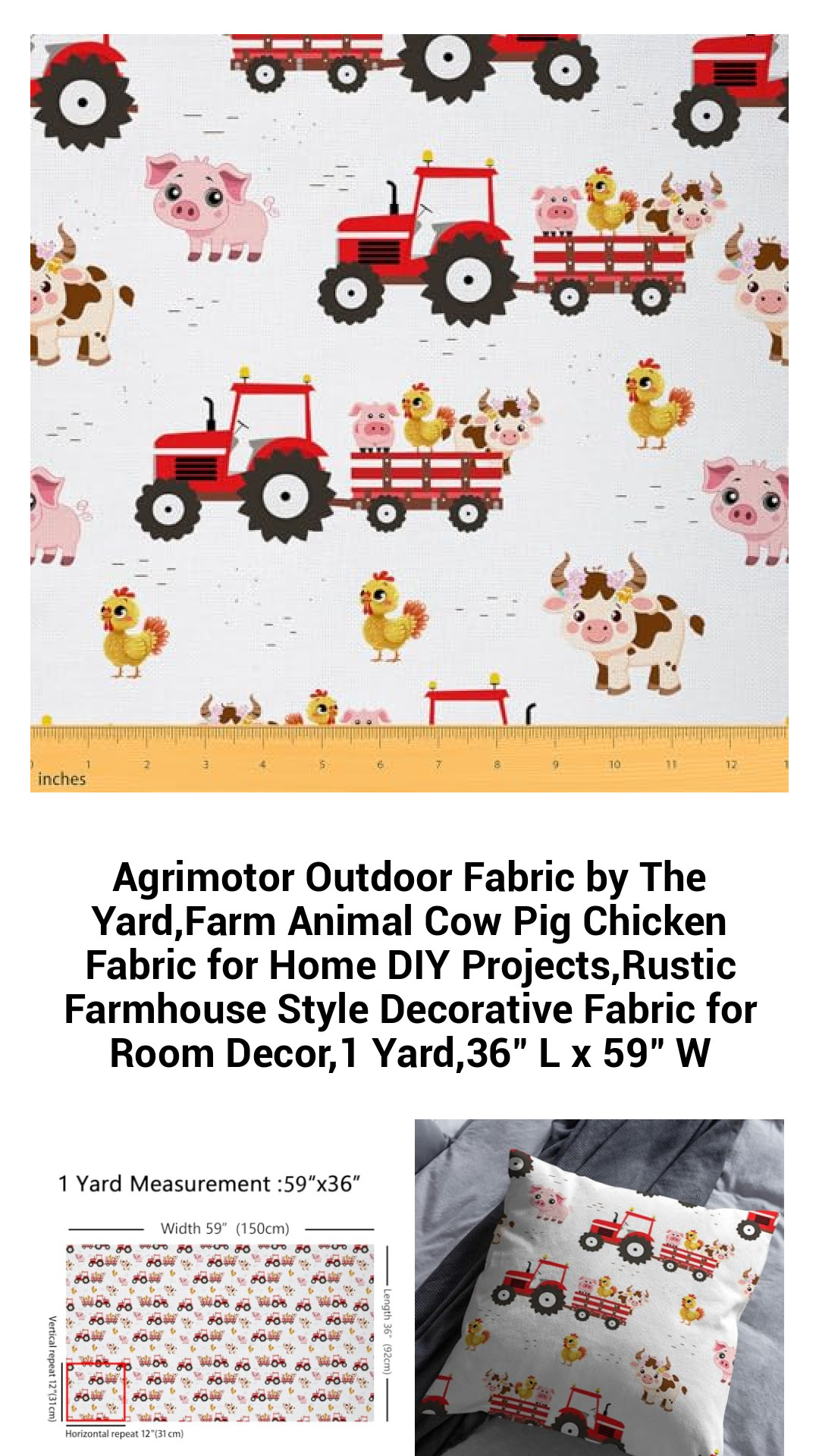 Premium Farm Animal Outdoor Fabric by The Yard - Rustic Cow, Pig & Chicken Print for DIY Projects and Home Decor, 36" x 59"