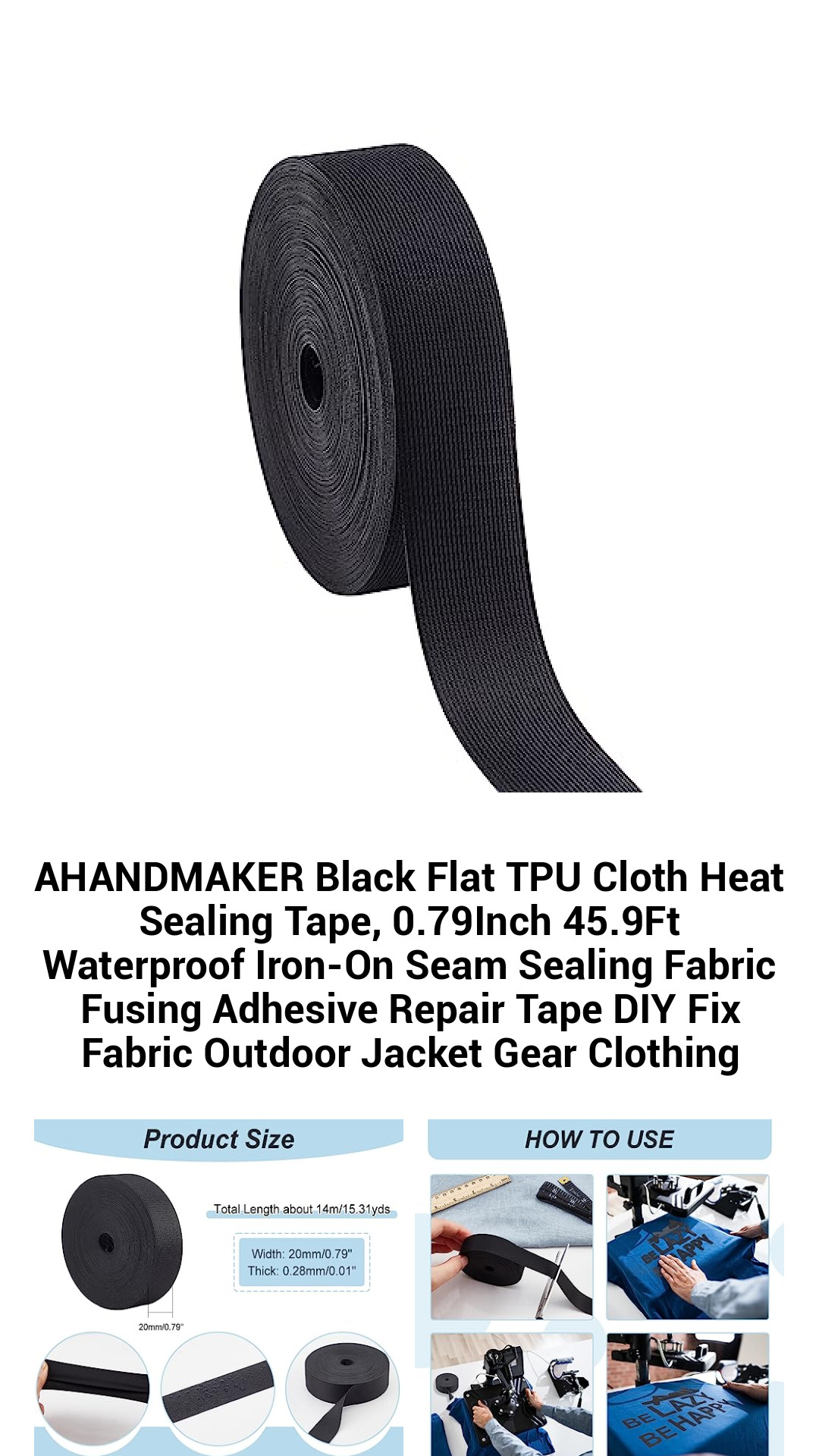 AHANDMAKER Waterproof TPU Fabric Heat Sealing Tape - 45.9ft Iron-On Repair Solution for Outdoor Gear and Clothing