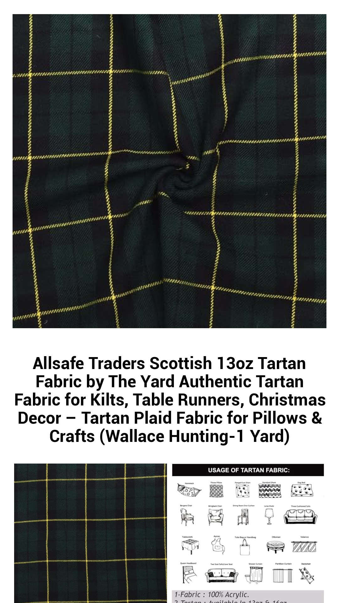 Allsafe Traders Scottish 13oz Tartan Fabric by The Yard Authentic Tartan Fabric for Kilts, Table Runners, Christmas Decor – Tartan Plaid Fabric for Pillows & Crafts (Wallace Hunting-1 Yard) Allsafe Traders Scottish 13oz Tartan Fabric by The Yard Authentic Tartan Fabric for Kilts, Table Runners, Christmas Decor – Tartan Plaid Fabric for Pillows & Crafts (Wallace Hunting-1 Yard)