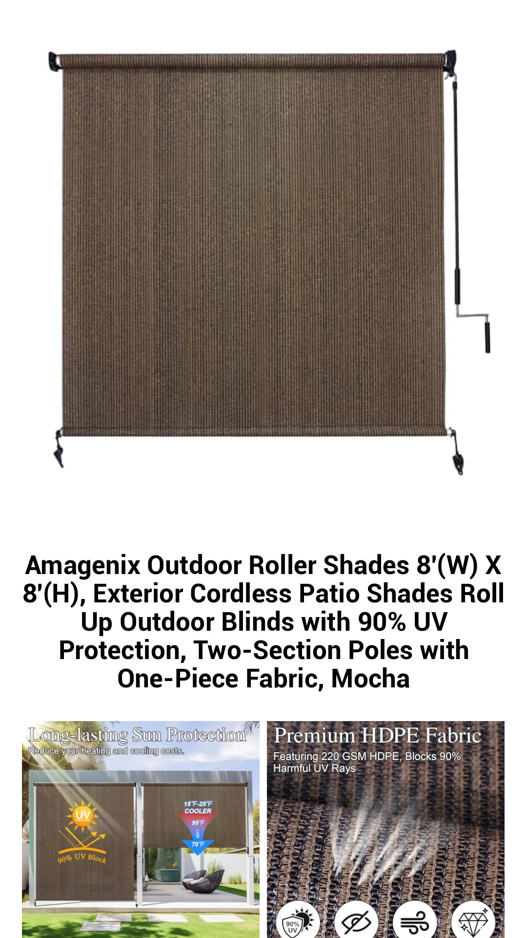 Premium Cordless Outdoor Roller Shades 8' x 8' - Mocha Patio Blinds with 90% UV Protection, Easy Install & Safe for Kids and Pets