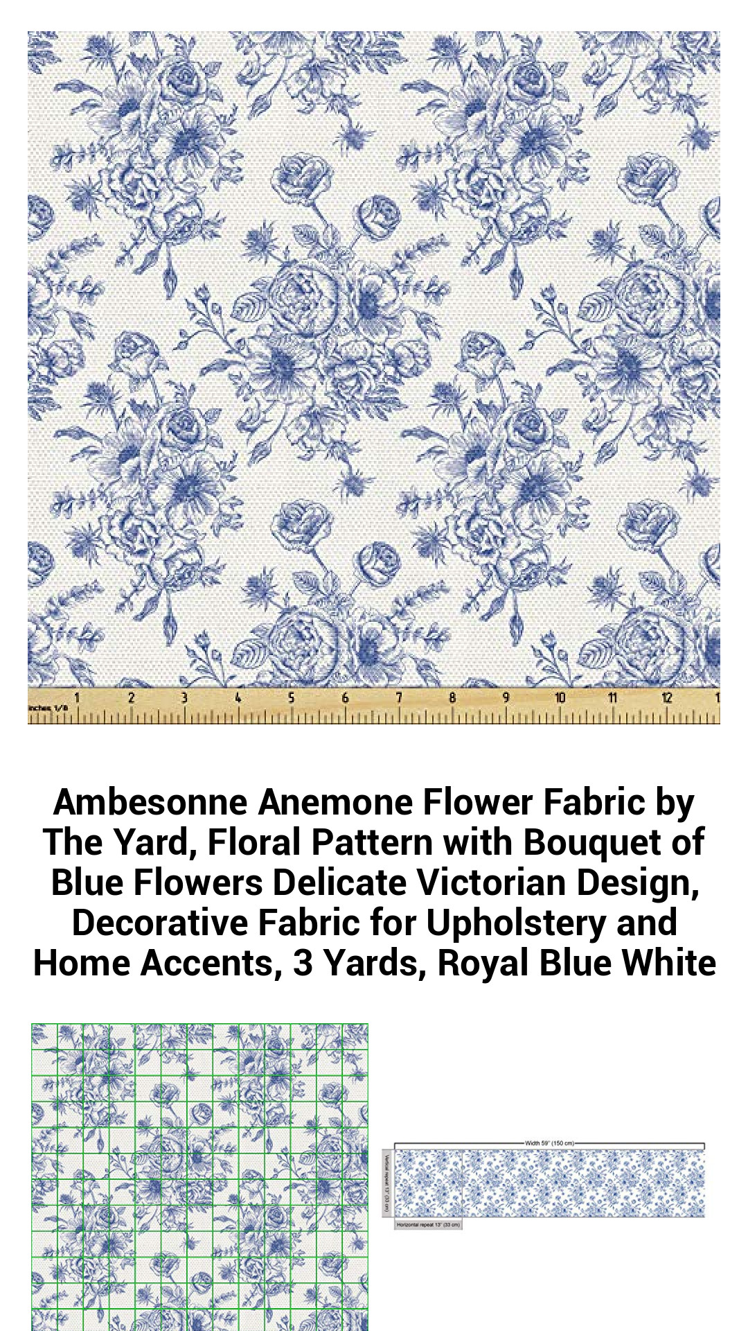 Exquisite Royal Blue Anemone Flower Fabric by the Yard - Elegant Floral Design for Upholstery and Home Décor, 3 Yards of High-Quality Waterproof Polyester