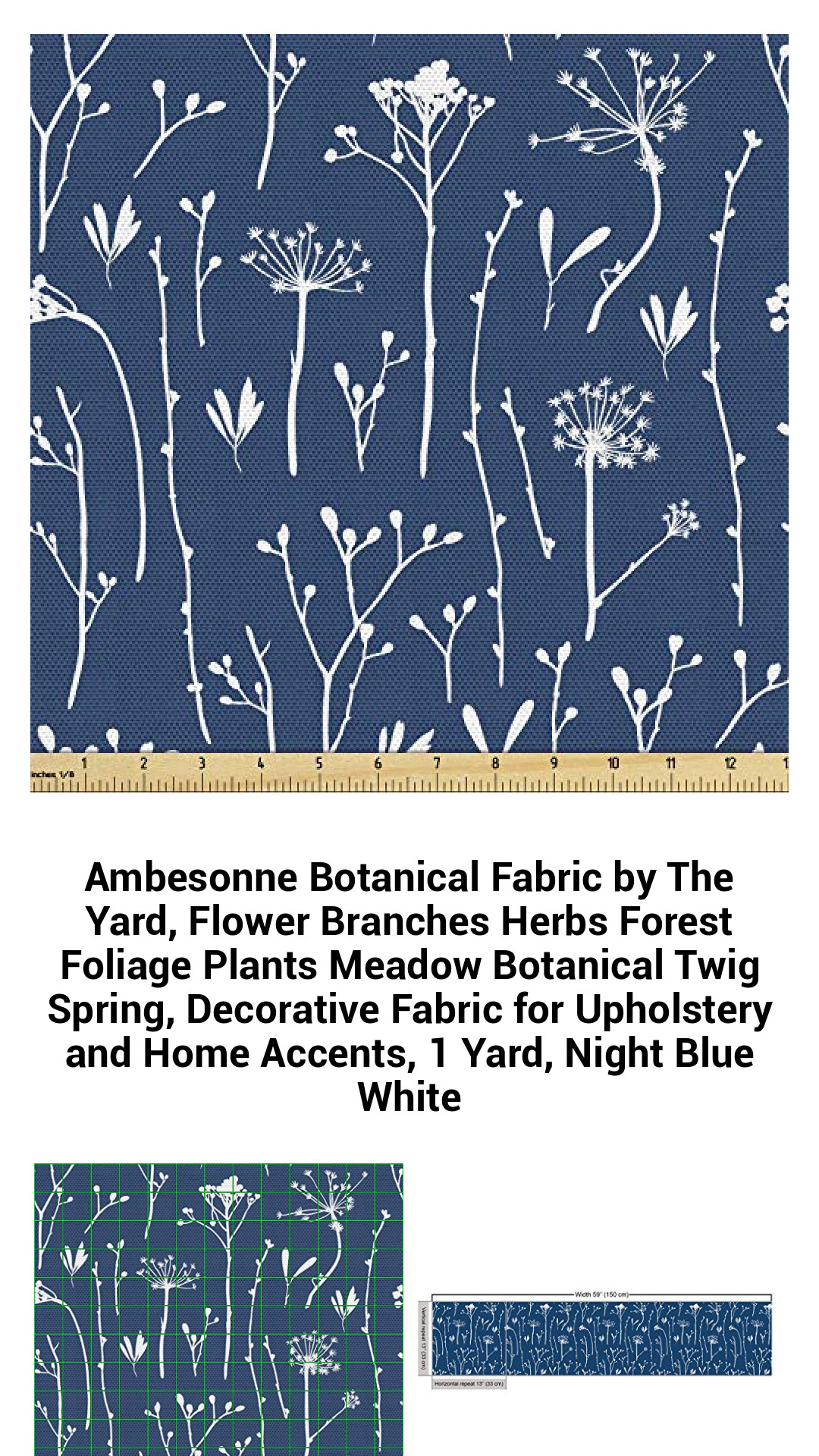 Elegant Night Blue Botanical Fabric by the Yard – Vibrant Flower Branches and Herbs for Stylish Upholstery and Home Décor