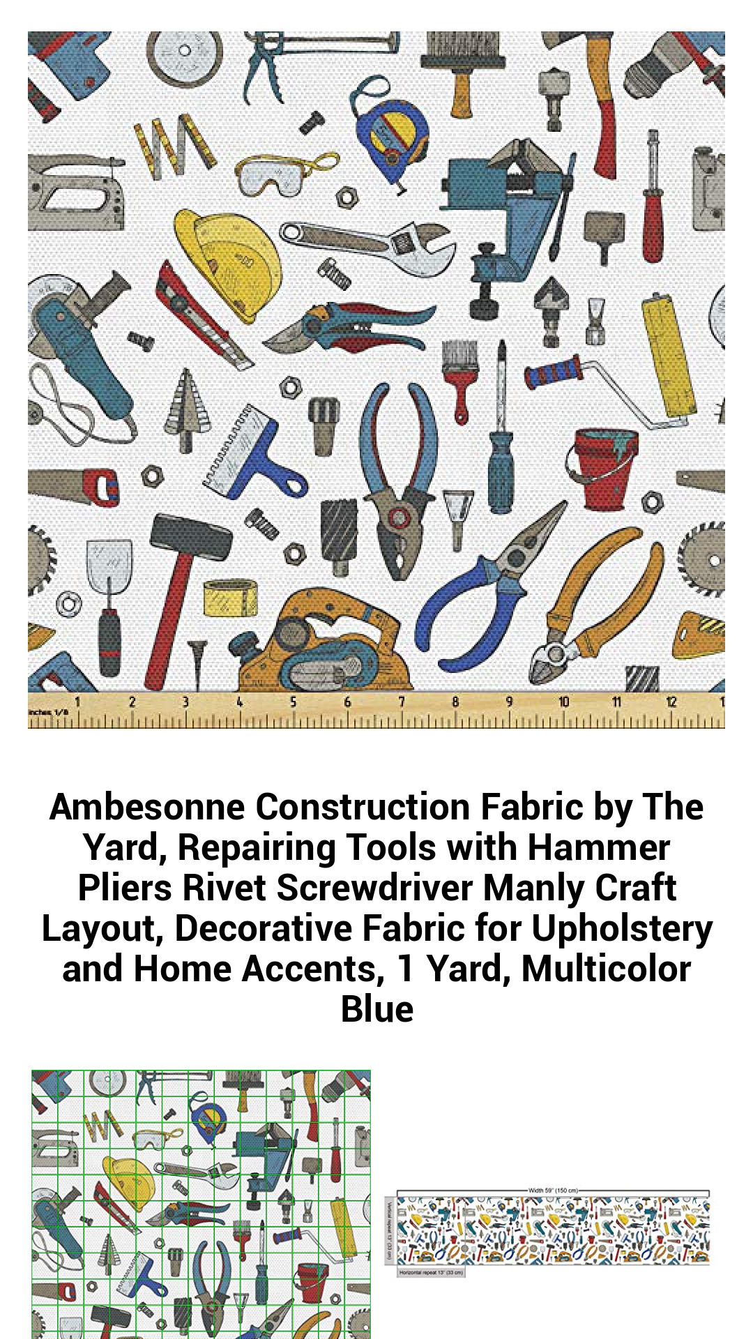 Versatile Construction-Themed Fabric by the Yard - Durable Polyester for Crafting, Upholstery, and Home Decor - Bold Tool Graphics in Striking Multicolor Blue