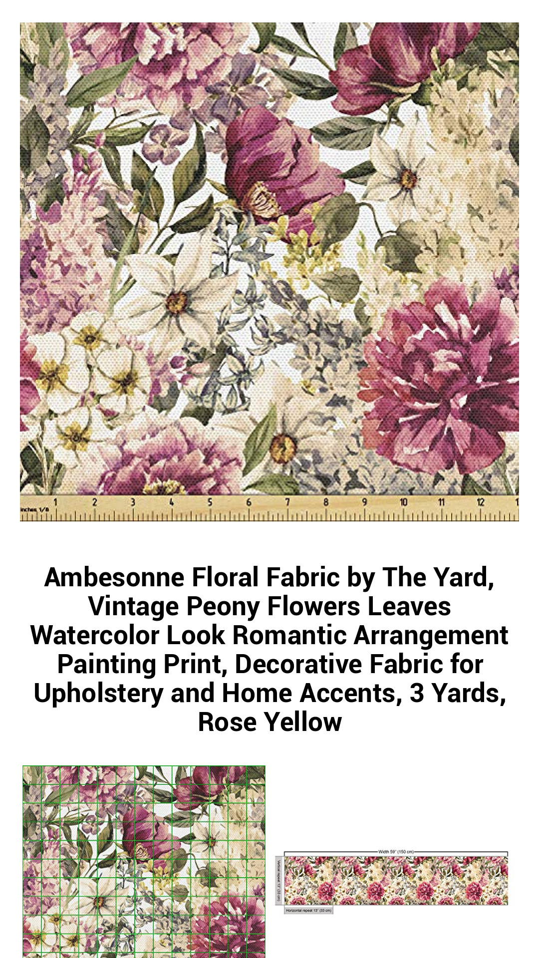 Exquisite Vintage Peony Floral Fabric by The Yard – Romantic Watercolor Design for Upholstery and Home Decor, 3 Yards of Soft Polyester Elegance in Rose Yellow