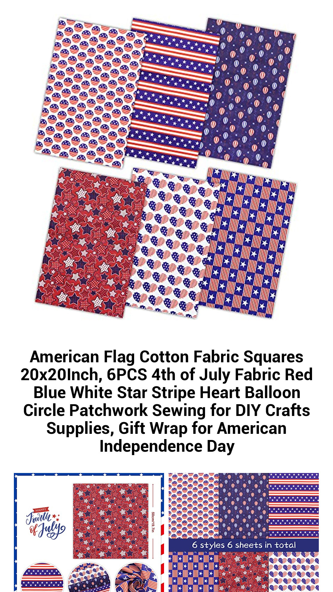 Celebrate Freedom with American Flag Fabric Squares - 20x20 Inch, 6 Pack of Vibrant Patriotic Cotton for DIY Crafts and 4th of July Decorations