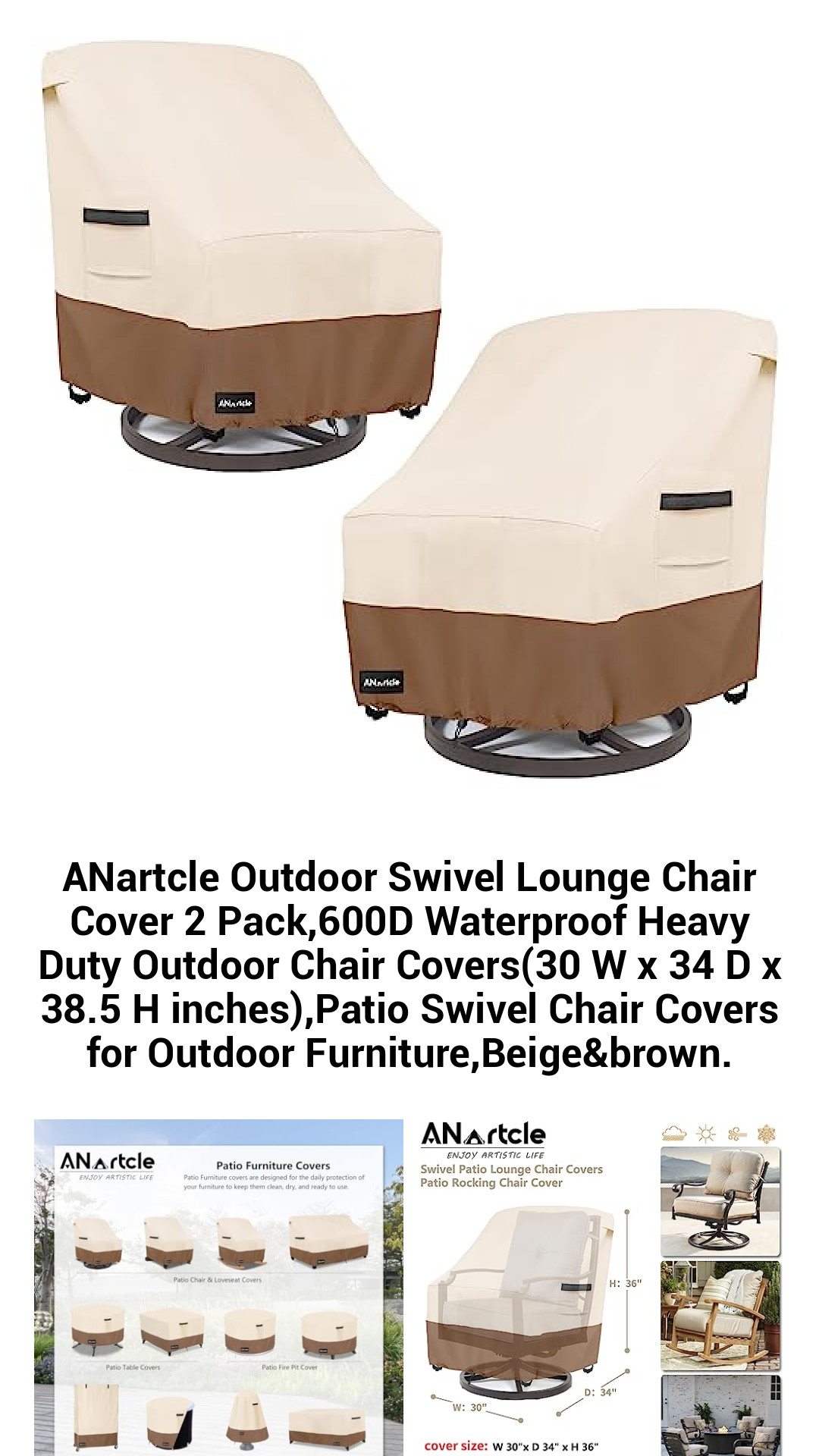 ANartcle Outdoor Swivel Lounge Chair Cover 2 Pack,600D Waterproof Heavy Duty Outdoor Chair Covers(30 W x 34 D x 38.5 H inches),Patio Swivel Chair Covers for Outdoor Furniture,Beige&brown. ANartcle Outdoor Swivel Lounge Chair Cover 2 Pack,600D Waterproof Heavy Duty Outdoor Chair Covers(30 W x 34 D x 38.5 H inches),Patio Swivel Chair Covers for Outdoor Furniture,Beige&brown.