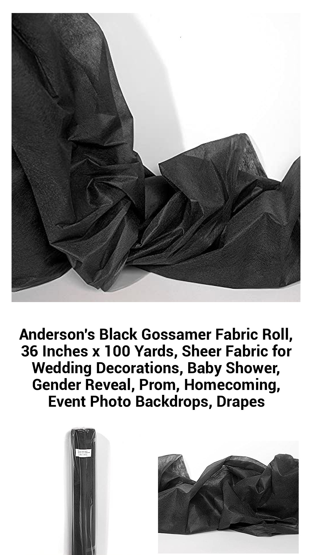 Anderson's 36 Inch Black Gossamer Fabric Roll - 100 Yards of Versatile Sheer Material for Weddings, Events, and Celebrations