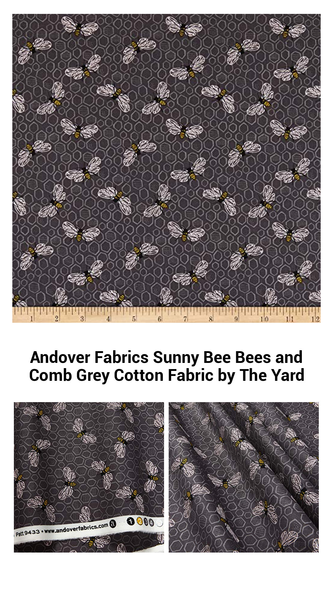 Sunny Bee Grey Cotton Fabric by Andover Fabrics - Charming Bee and Honeycomb Print for Creative Projects