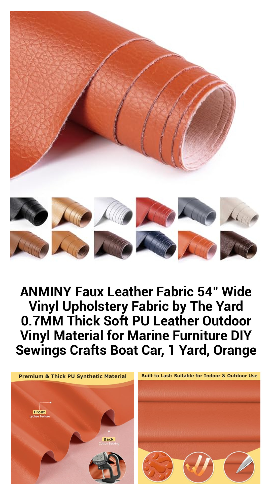 Premium Orange Faux Leather Upholstery Fabric - 54" Wide, 0.7MM Thick Durable PU Vinyl Material for Marine, Furniture, and DIY Crafts