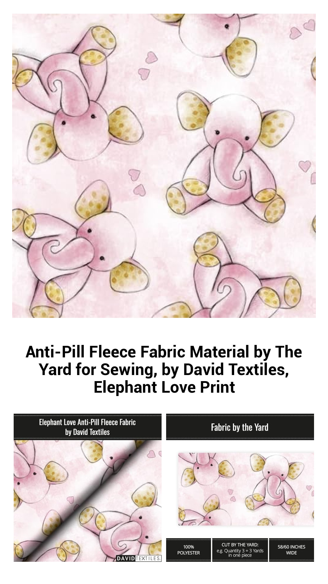 Premium Anti-Pill Fleece Fabric by the Yard - Elephant Love Print for Cozy Creations