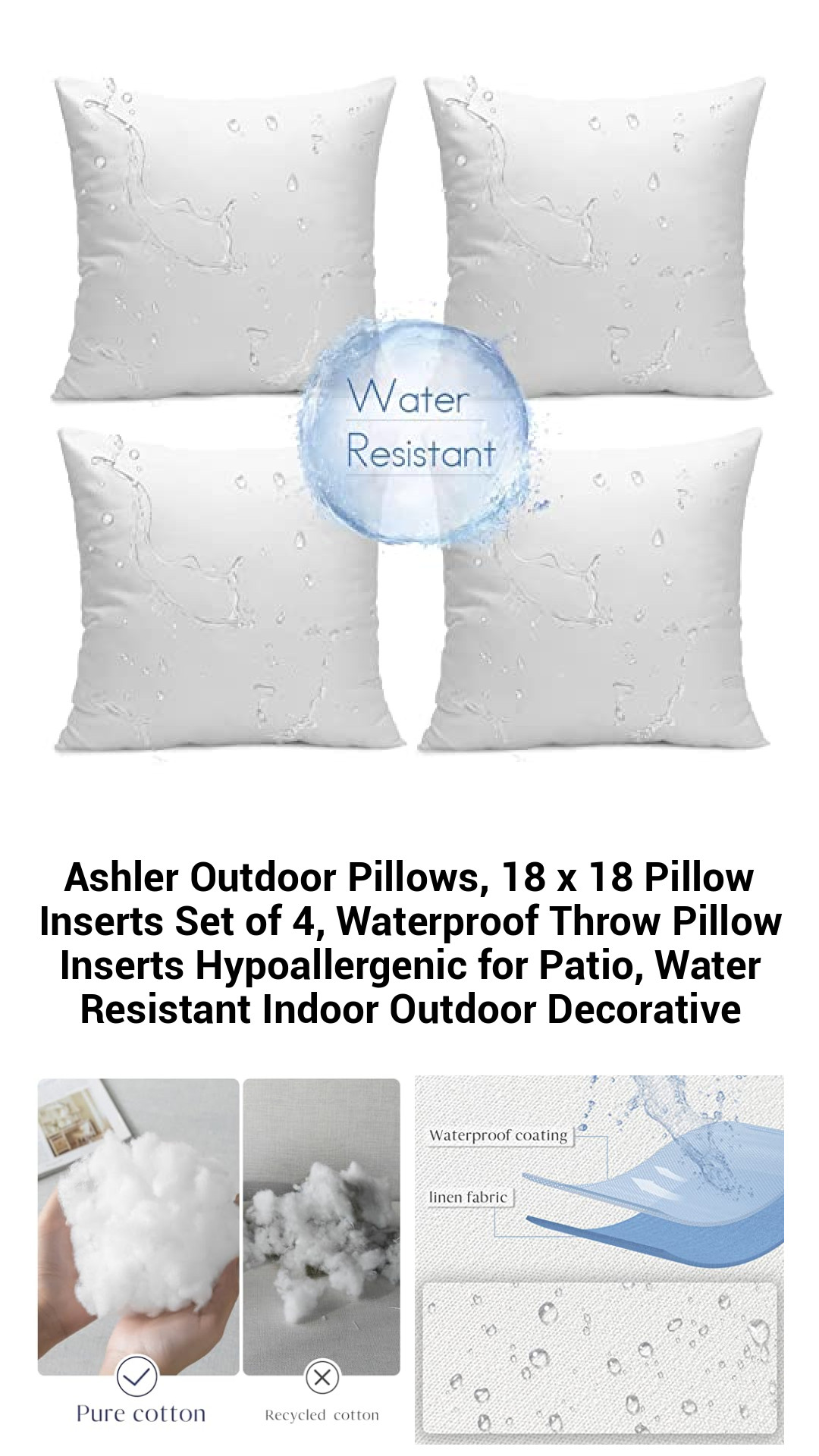 Premium Ashler 18x18 Outdoor Pillow Inserts Set of 4 - Waterproof, Hypoallergenic, and Water-Resistant Decor for Patio and Indoor Comfort