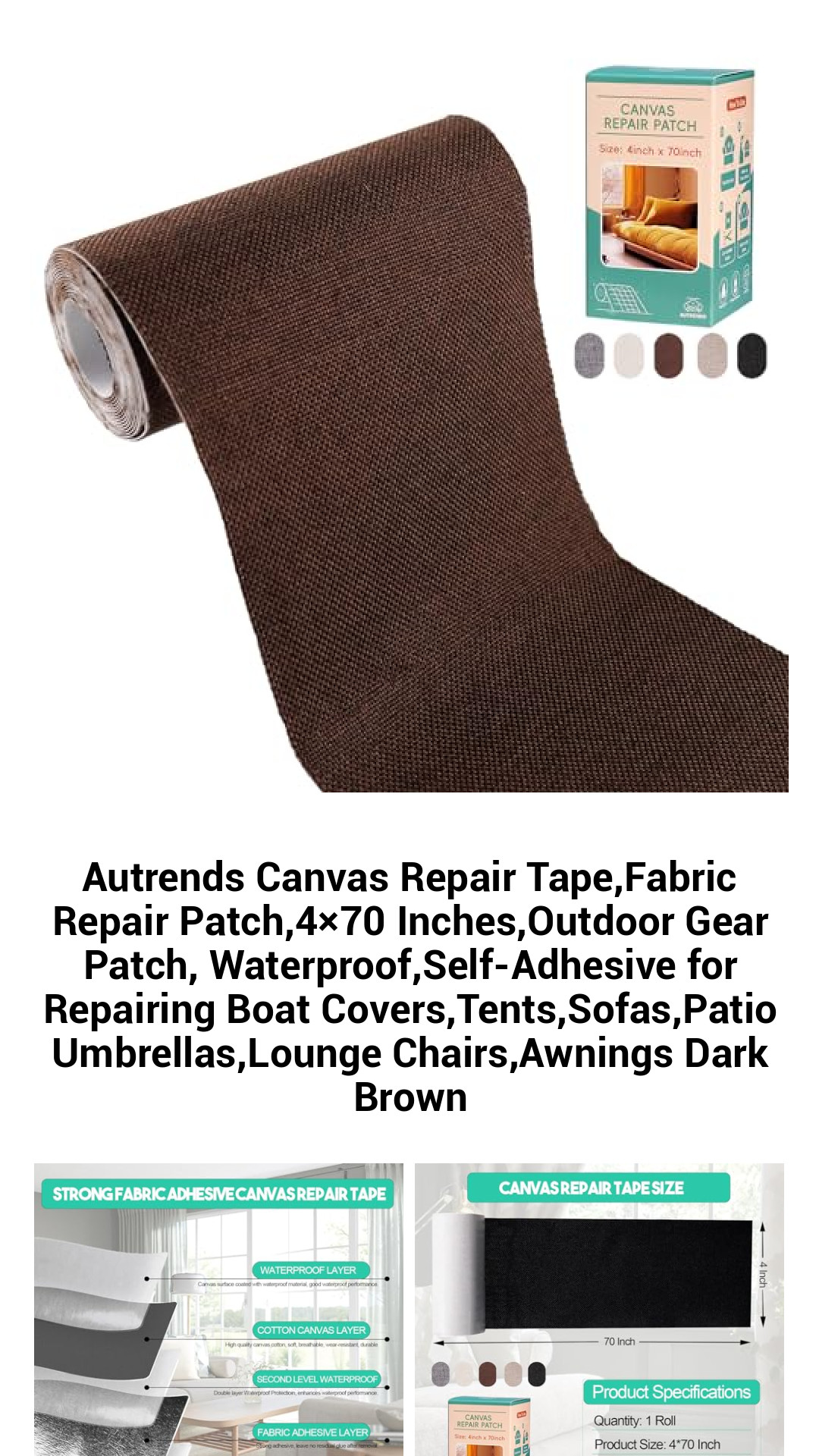 Ultimate Waterproof Canvas Repair Tape - Self-Adhesive Fabric Patch for Tents, Sofas, and Outdoor Gear - Durable 4x70 Inches in Dark Brown