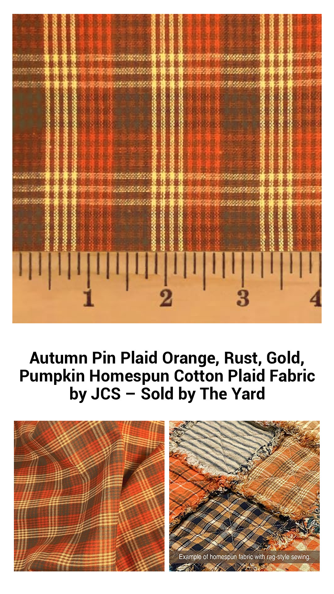 Cozy Autumn Pin Plaid Cotton Fabric in Warm Orange, Rust, and Gold - Perfect for Quilting and Crafts, Sold by the Yard