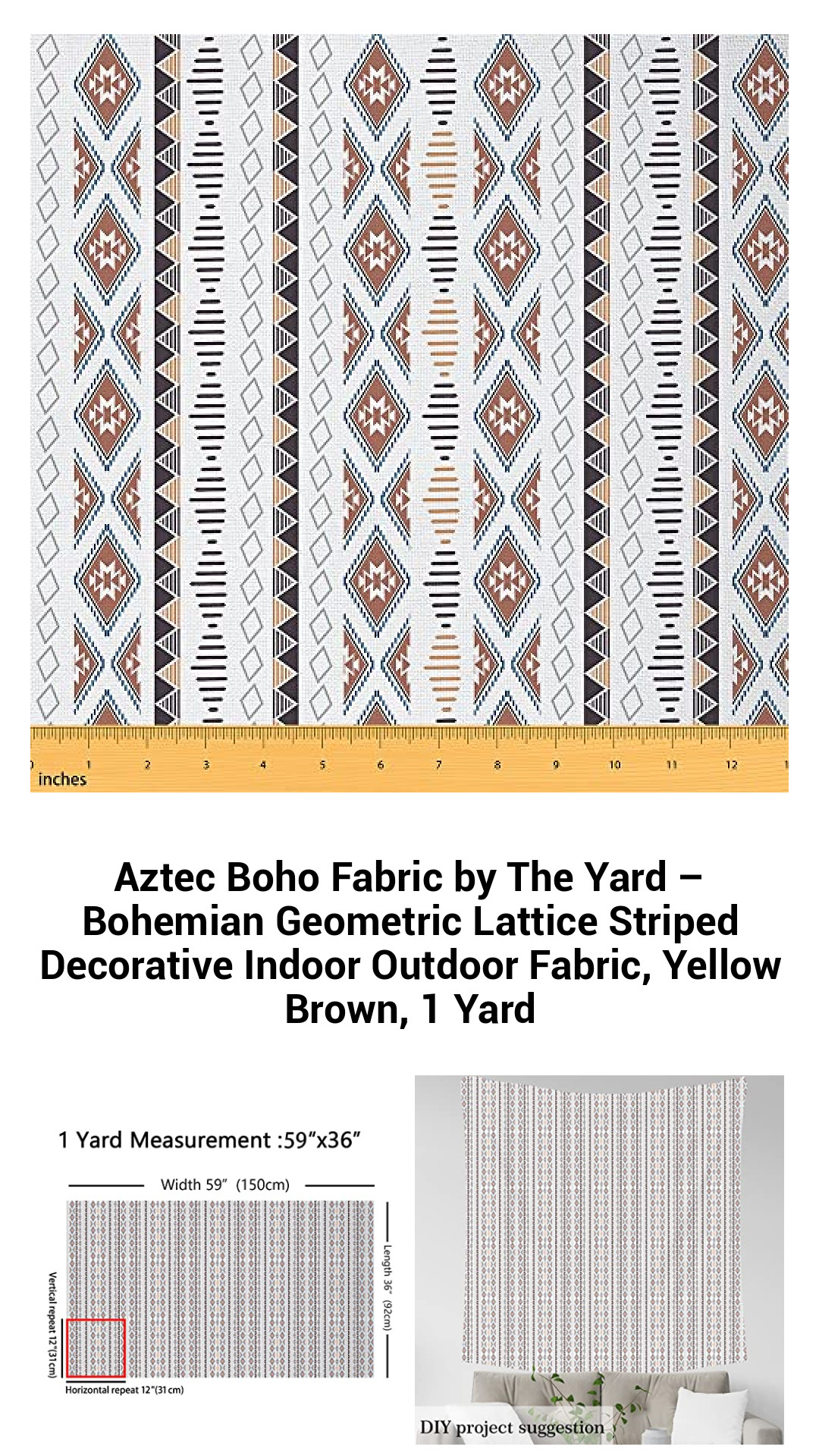Vibrant Aztec Boho Fabric by the Yard – Stunning Geometric Lattice Design for Indoor and Outdoor Décor in Yellow and Brown