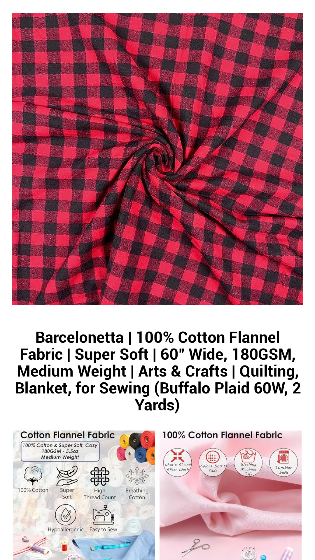 Barcelonetta Premium 100% Cotton Flannel Fabric - Luxuriously Soft Buffalo Plaid, 60" Wide, Ideal for Quilting, Sewing, and Crafting Projects (2 Yards)