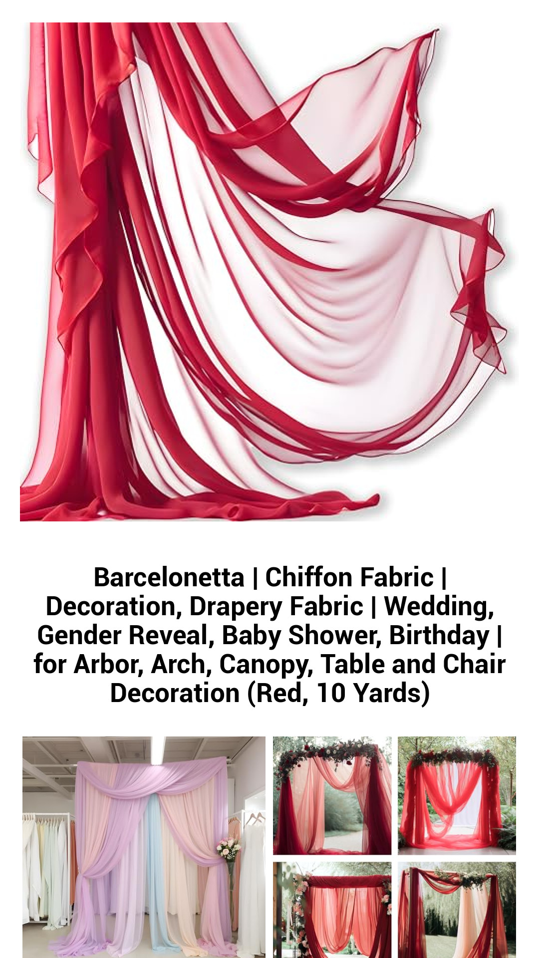 Barcelonetta Red Chiffon Fabric – 10 Yards of Elegant Drapery for Weddings, Baby Showers, and Events – Perfect for Arches, Canopies, Tables, and More