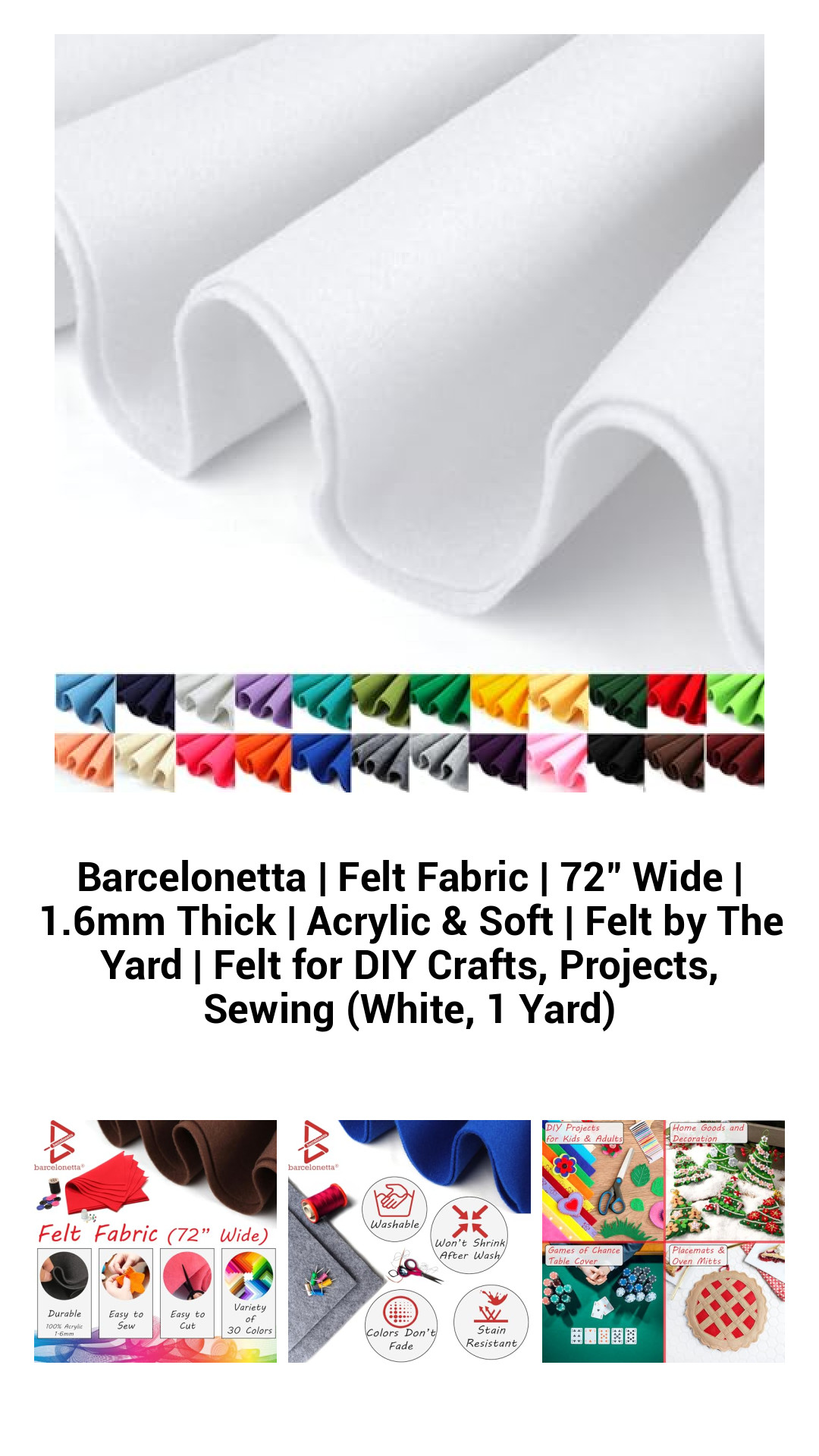 Premium White Acrylic Felt Fabric | 72" Wide, 1.6mm Thick | Perfect for DIY Crafts, Sewing Projects & Creative Endeavors by the Yard