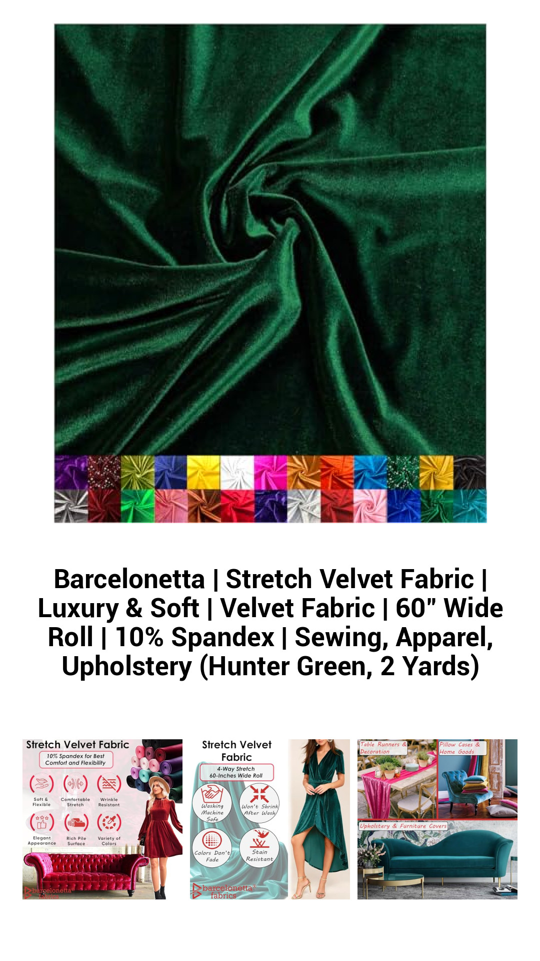 Luxurious Hunter Green Stretch Velvet Fabric | 60" Wide Roll with 10% Spandex | Perfect for Sewing, Upholstery & Fashion Projects