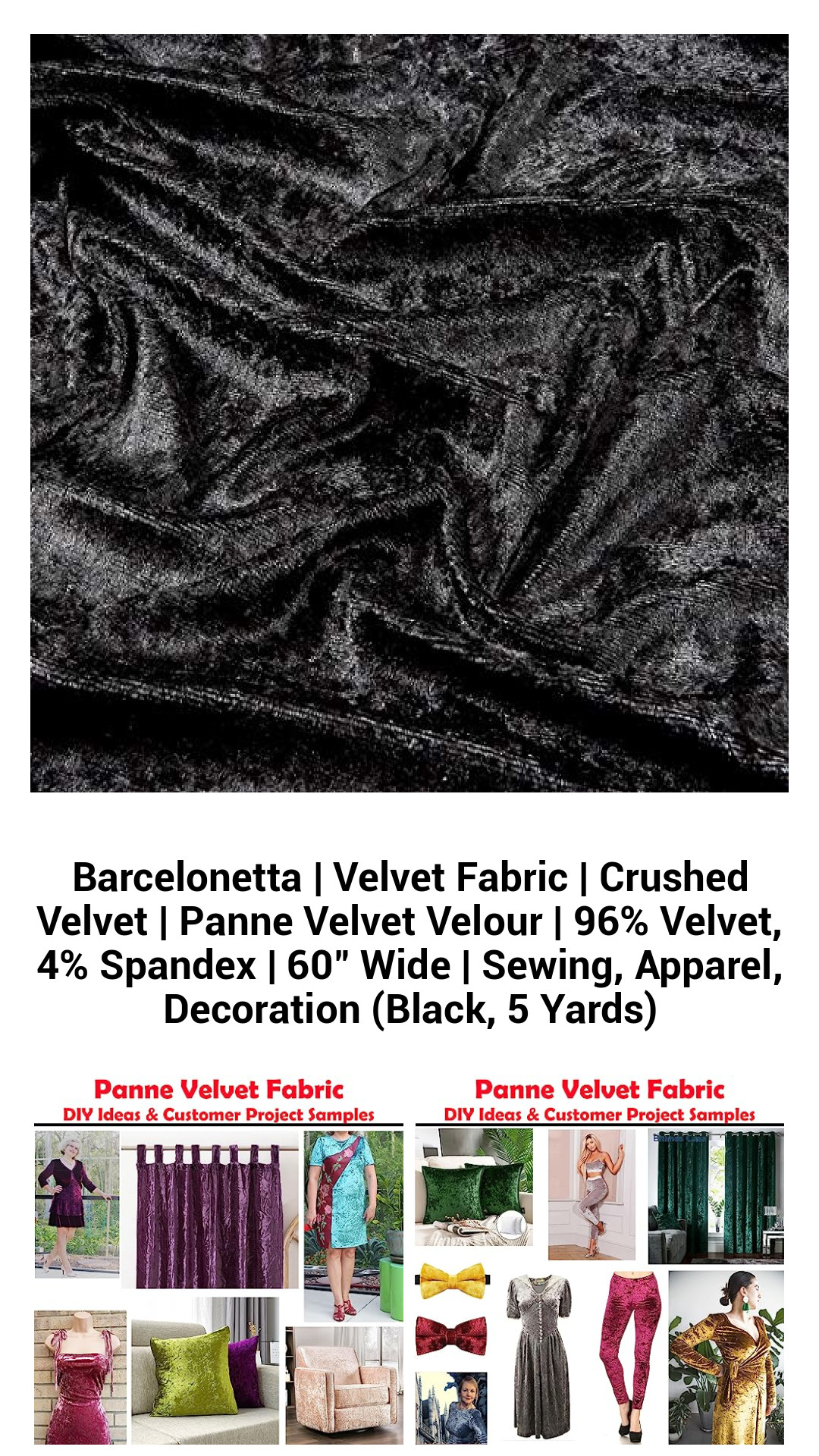 Luxurious Crushed Panne Velvet Fabric for Sewing and Decor - 96% Velvet, 4% Spandex, 60" Wide (Black, 5 Yards)