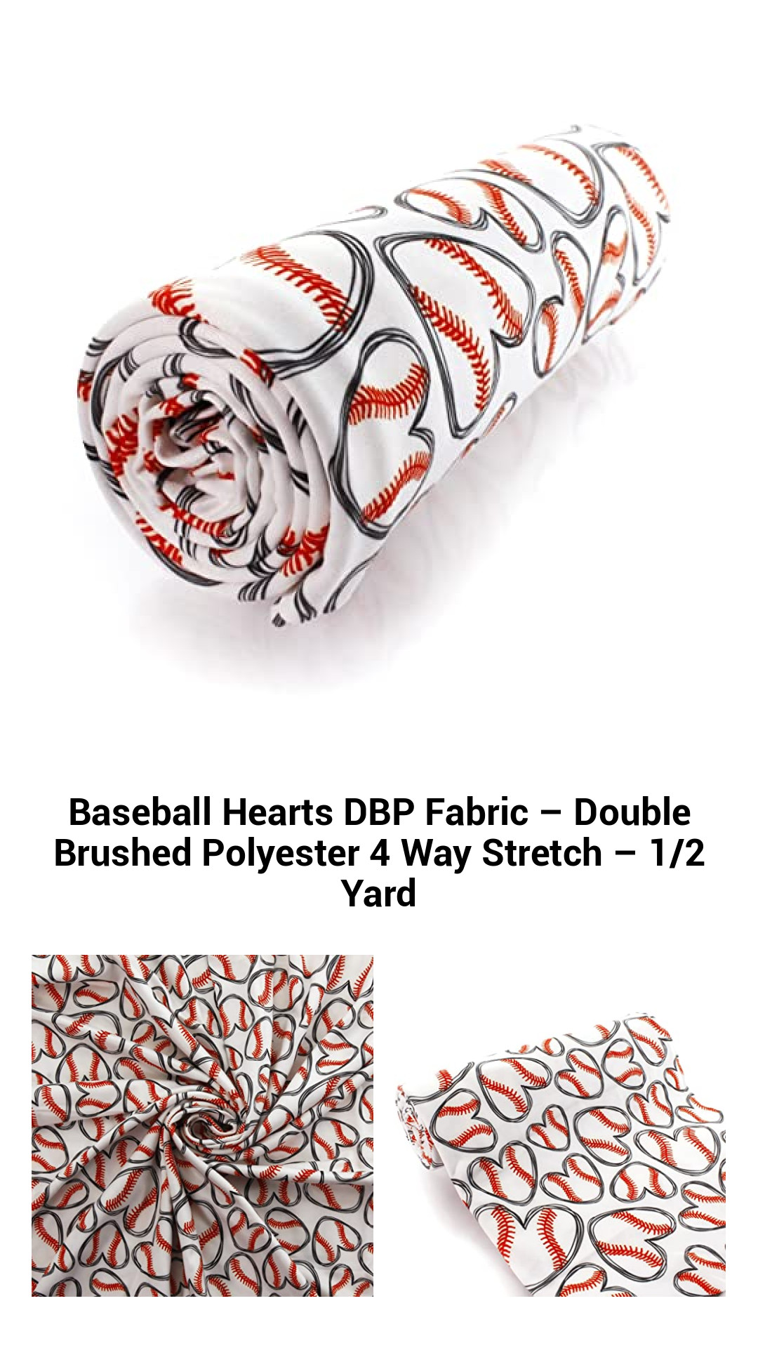 Adorable Baseball Hearts Double Brushed Polyester Fabric - 4-Way Stretch for Ultimate Comfort - Available in 1/2 Yard Cuts