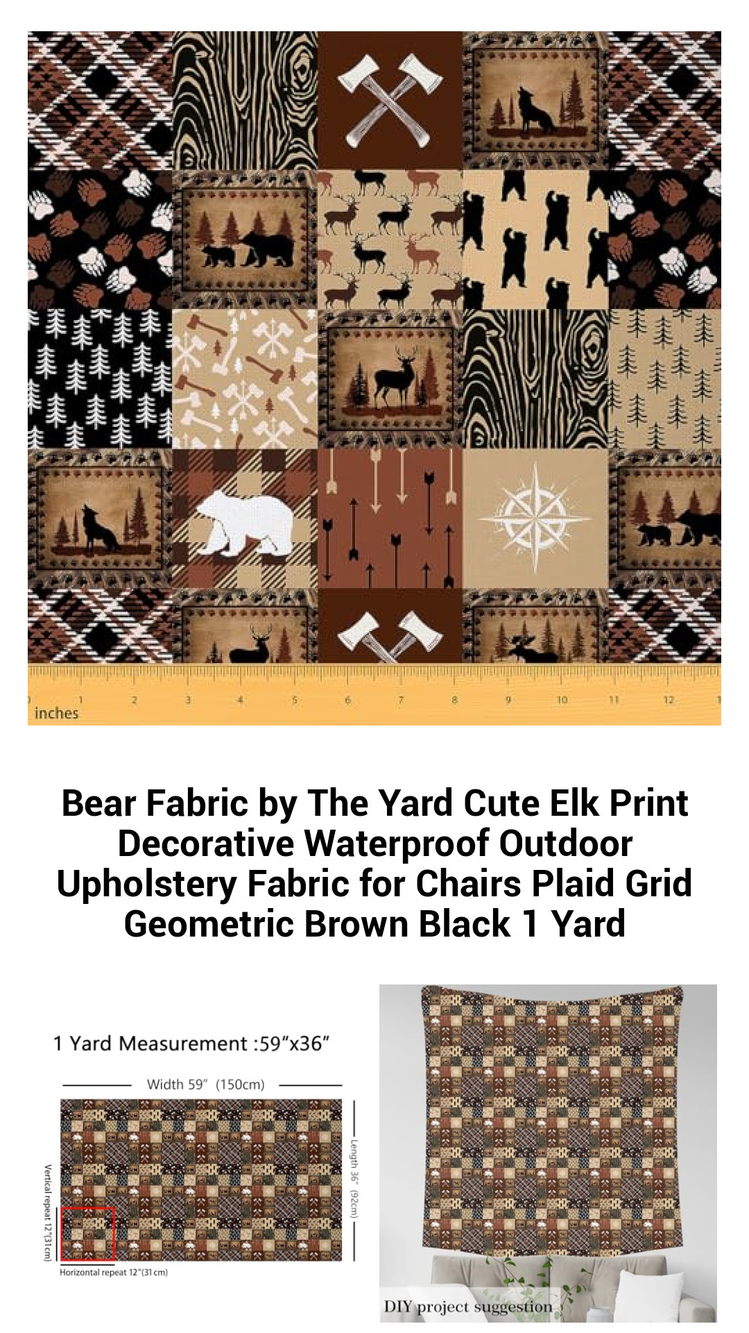 Premium Waterproof Elk Print Upholstery Fabric – Versatile Outdoor and Indoor Decor, Stylish Plaid and Geometric Design, 100% Polyester, 1 Yard
