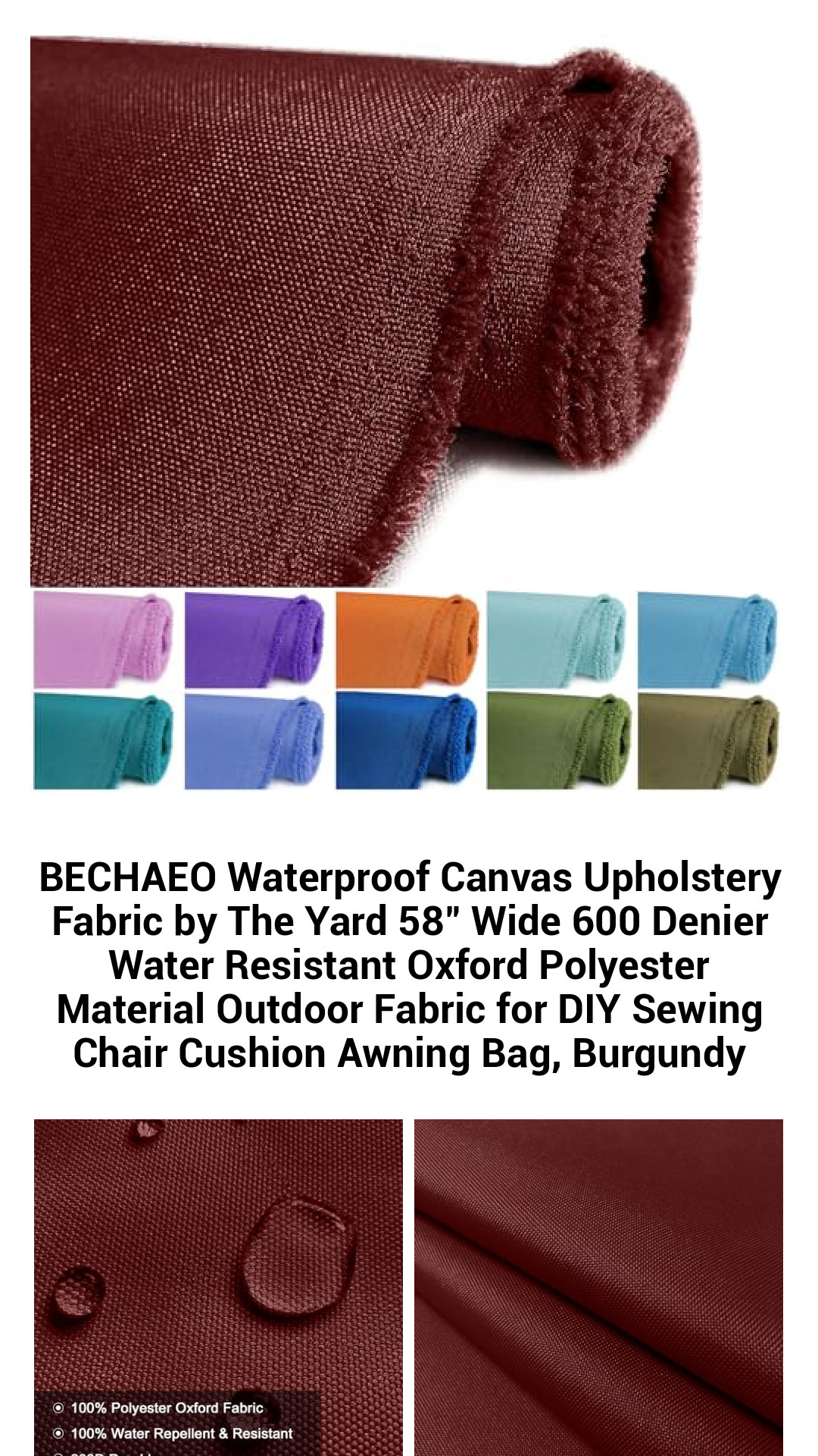 Premium 600D Water-Resistant Oxford Polyester Upholstery Fabric - Versatile Outdoor Canvas by the Yard, 58" Wide in Burgundy for DIY Projects